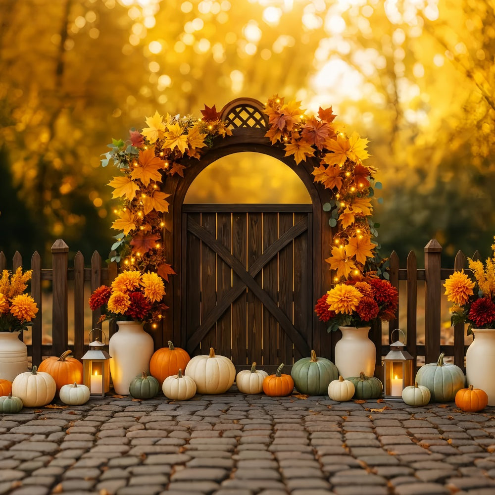 Fall Outdoor Backdrop Autumn Gate Pumpkins Lights Fall Backdrops LXX59-287