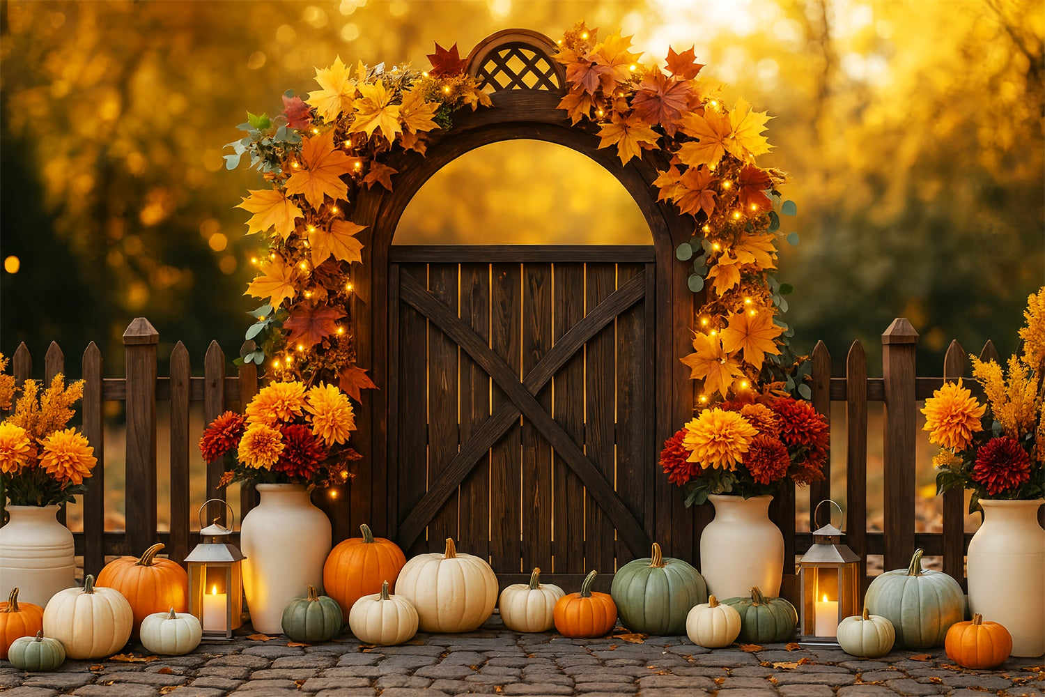 Fall Outdoor Backdrop Autumn Gate Pumpkins Lights Fall Backdrops LXX59-287