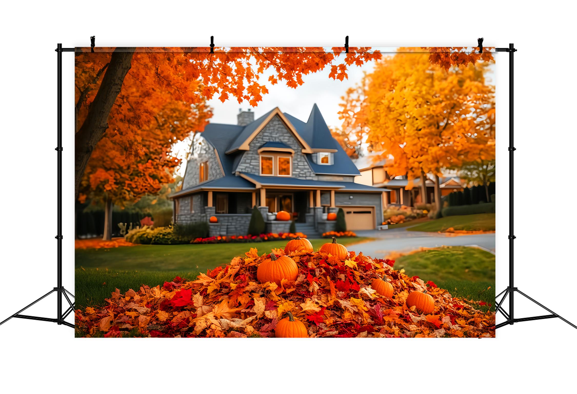 Fall Outdoor Backdrop Autumn House Pumpkin Pile Fall Leaves Backdrop LXX59-288