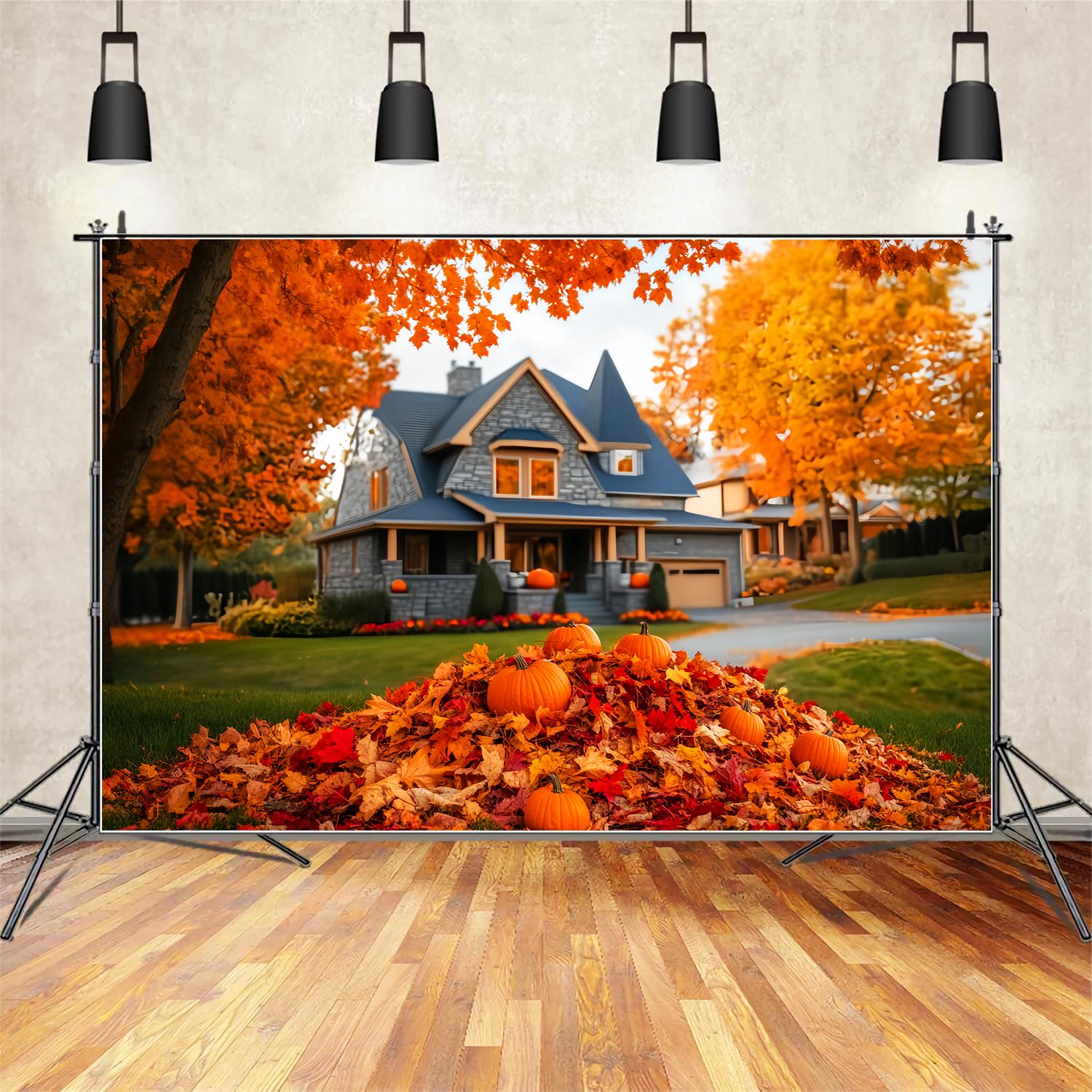 Fall Outdoor Backdrop Autumn House Pumpkin Pile Fall Leaves Backdrop LXX59-288
