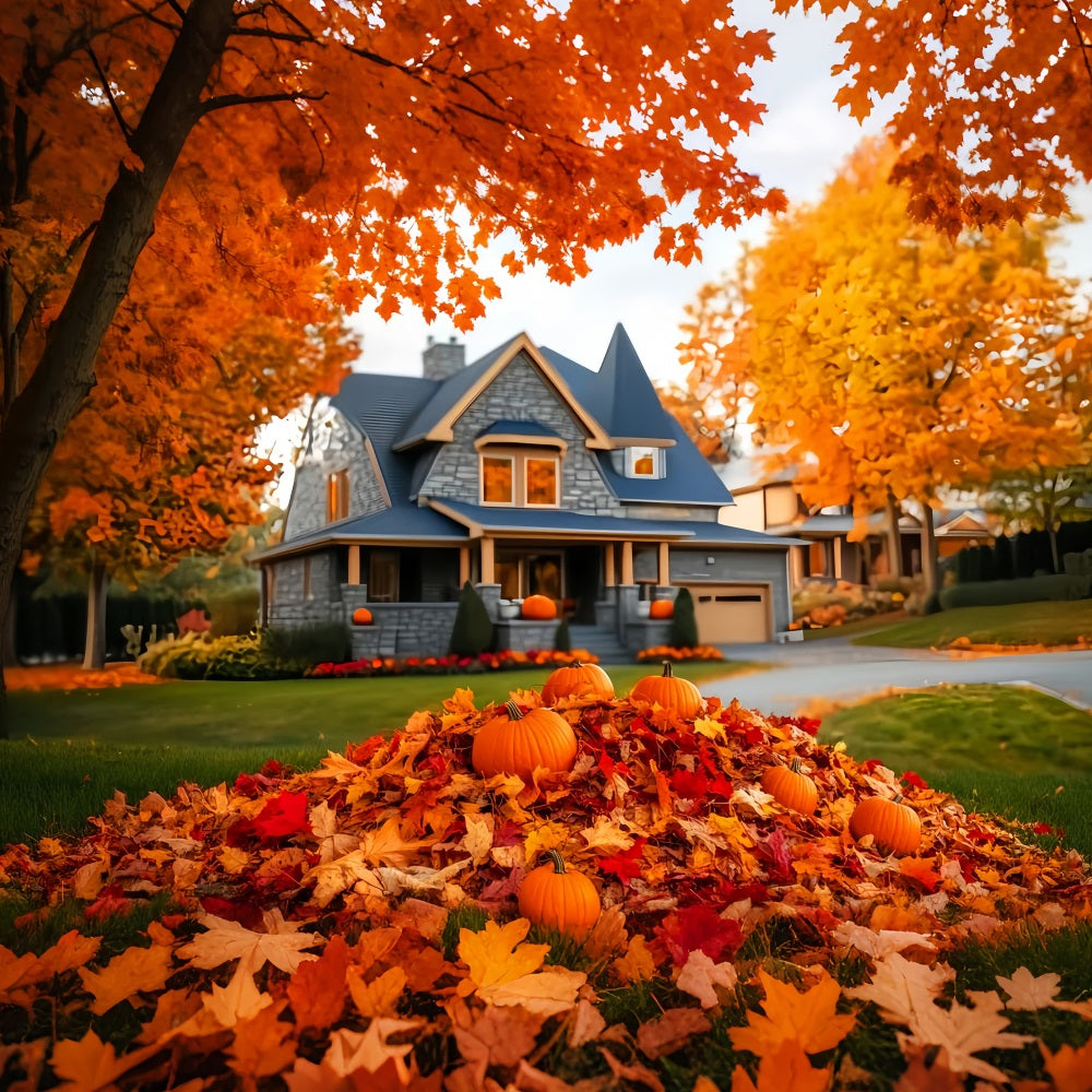 Fall Outdoor Backdrop Autumn House Pumpkin Pile Fall Leaves Backdrop LXX59-288