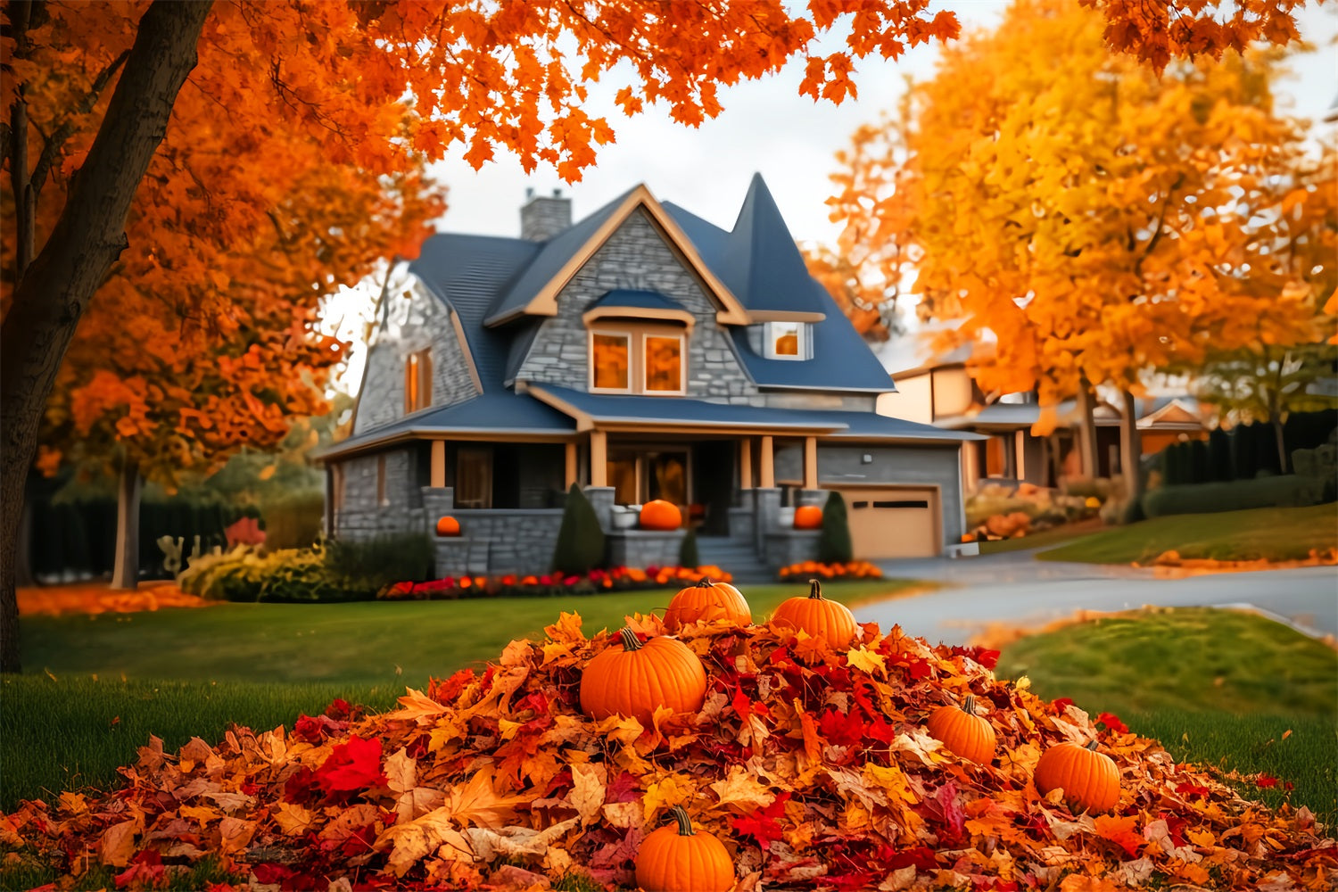 Fall Outdoor Backdrop Autumn House Pumpkin Pile Fall Leaves Backdrop LXX59-288