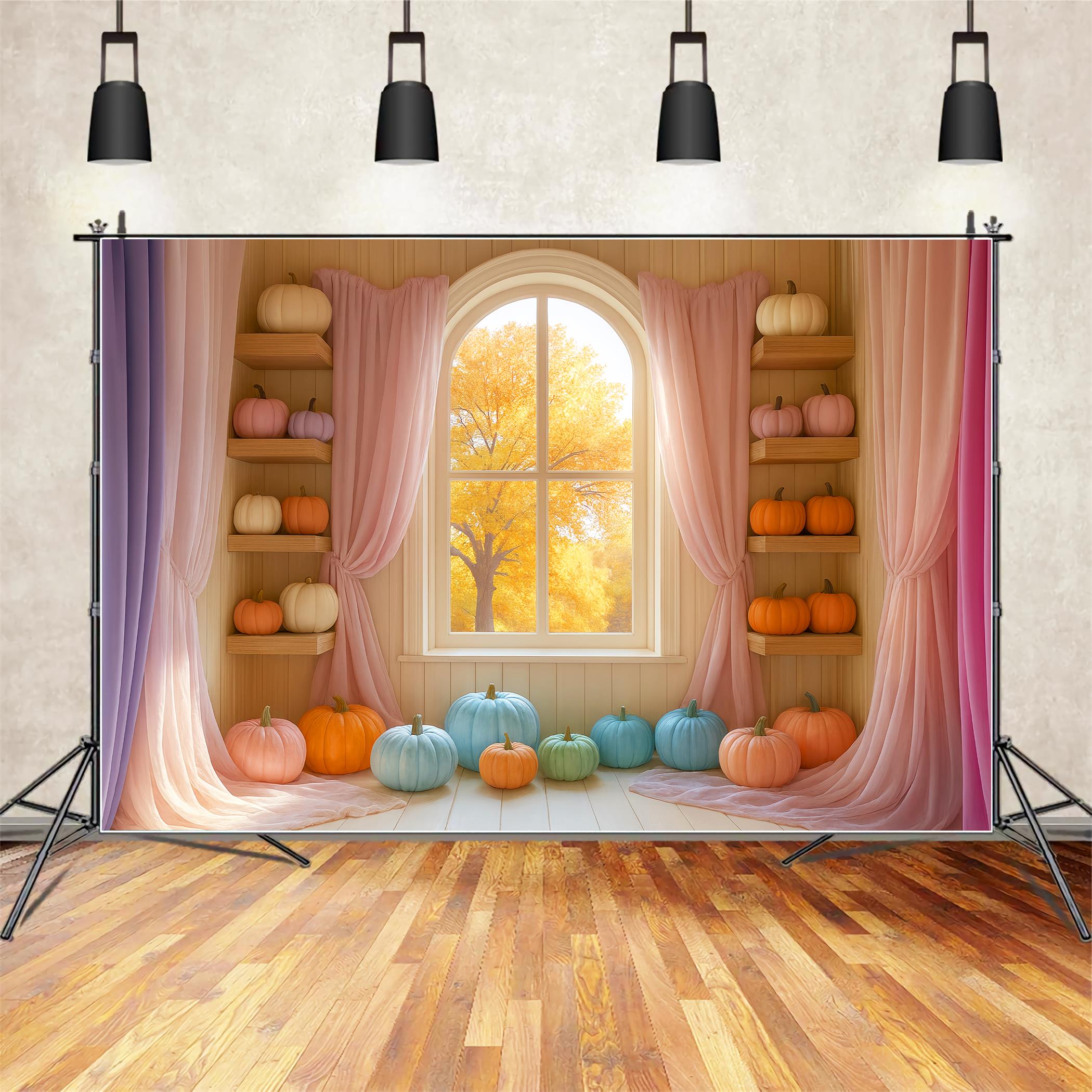 Pastel Backdrop Colorful Pumpkin Display Window Fall Backdrop LXX59-289