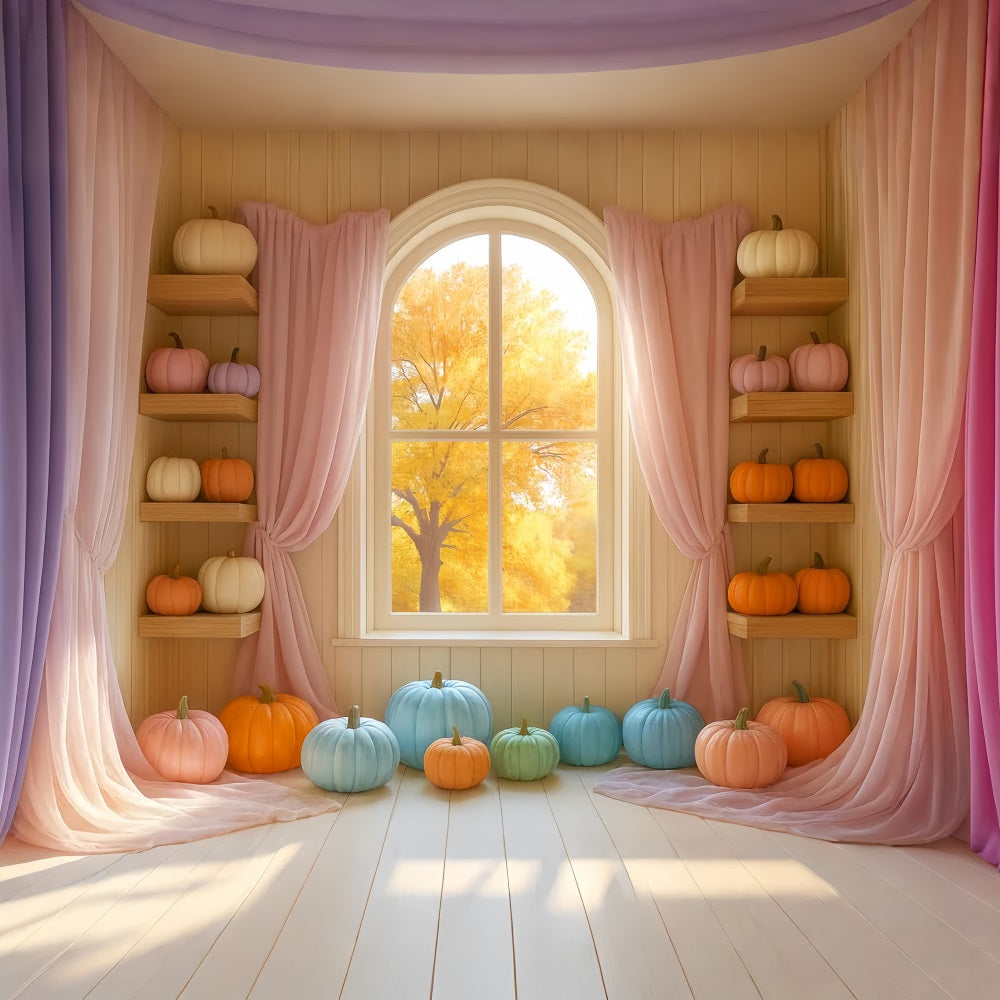 Pastel Backdrop Colorful Pumpkin Display Window Fall Backdrop LXX59-289