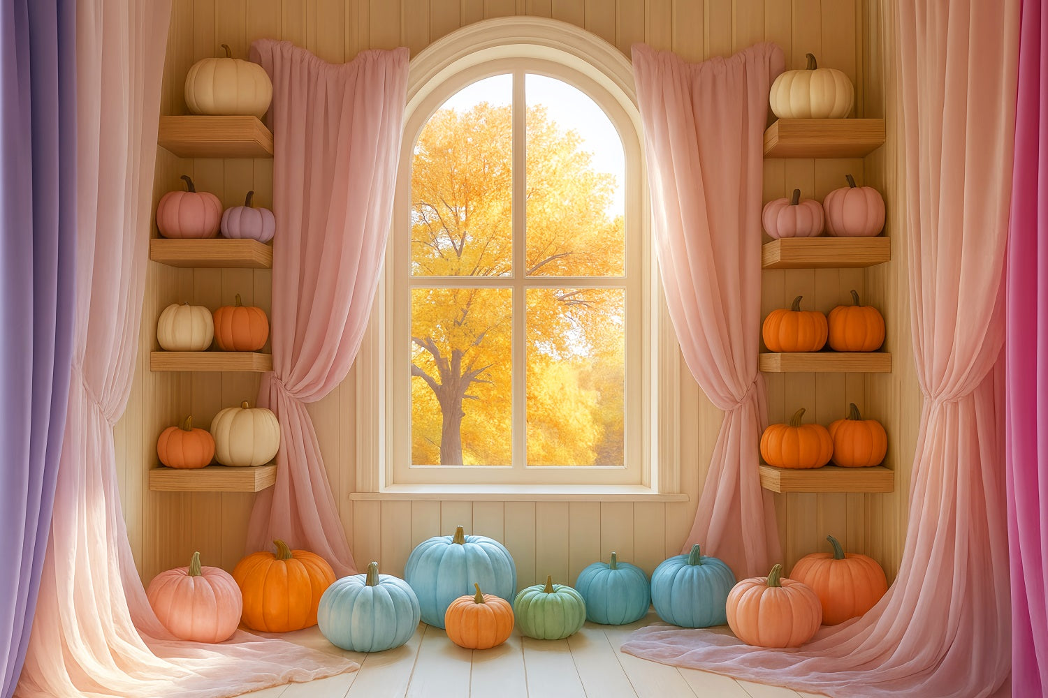 Pastel Backdrop Colorful Pumpkin Display Window Fall Backdrop LXX59-289