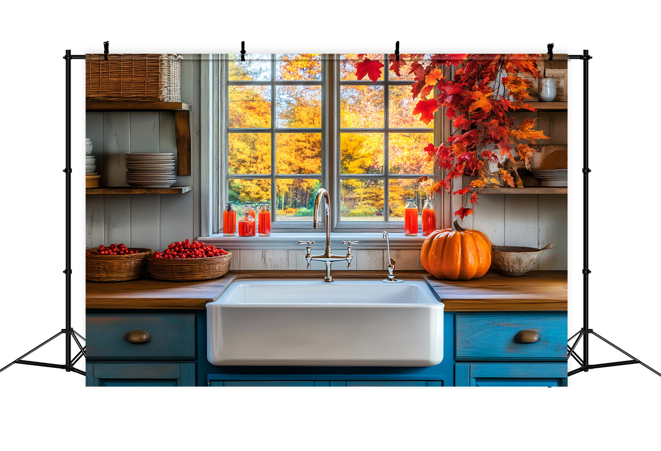 Kitchen Backdrop Rustic Kitchen Autumn Leaves Fall Photo Backdrop LXX59-290