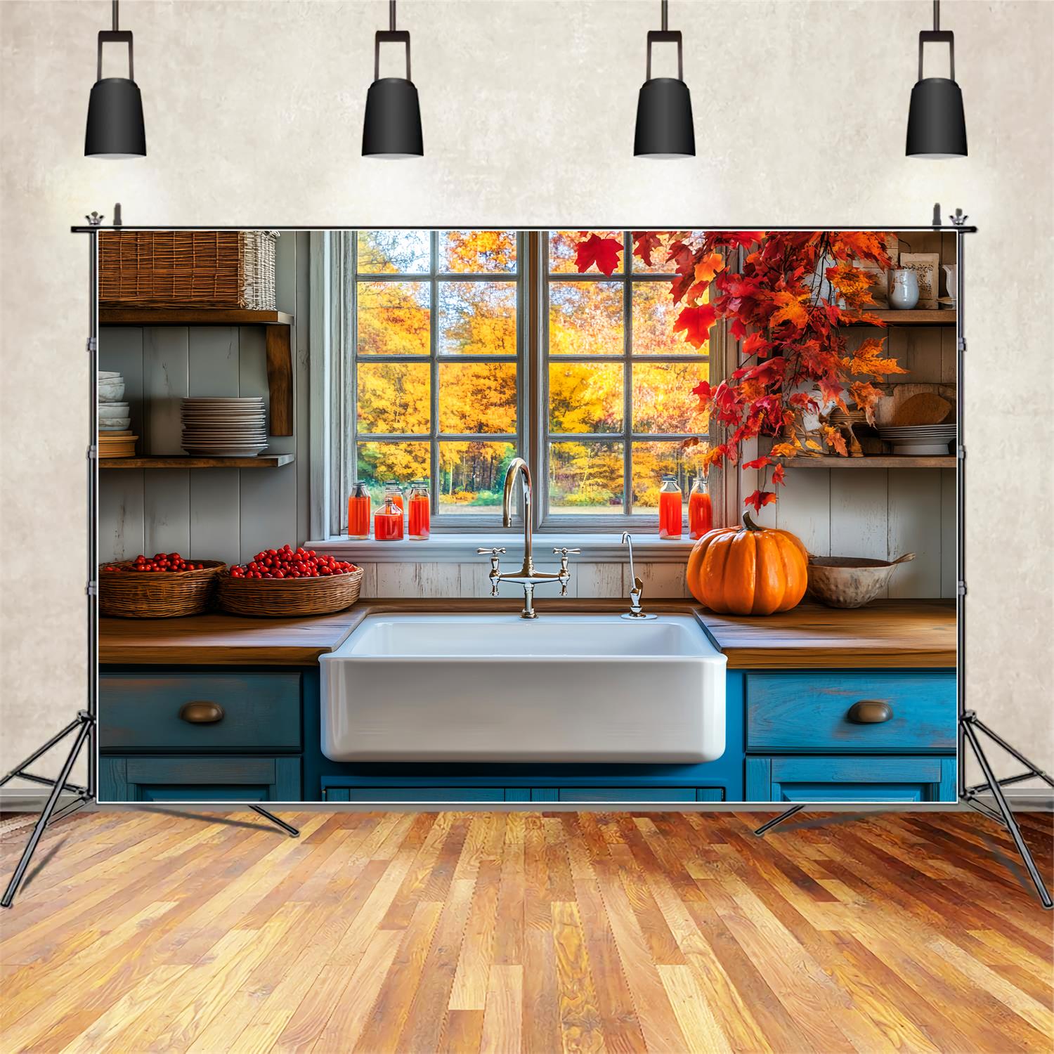 Kitchen Backdrop Rustic Kitchen Autumn Leaves Fall Photo Backdrop LXX59-290