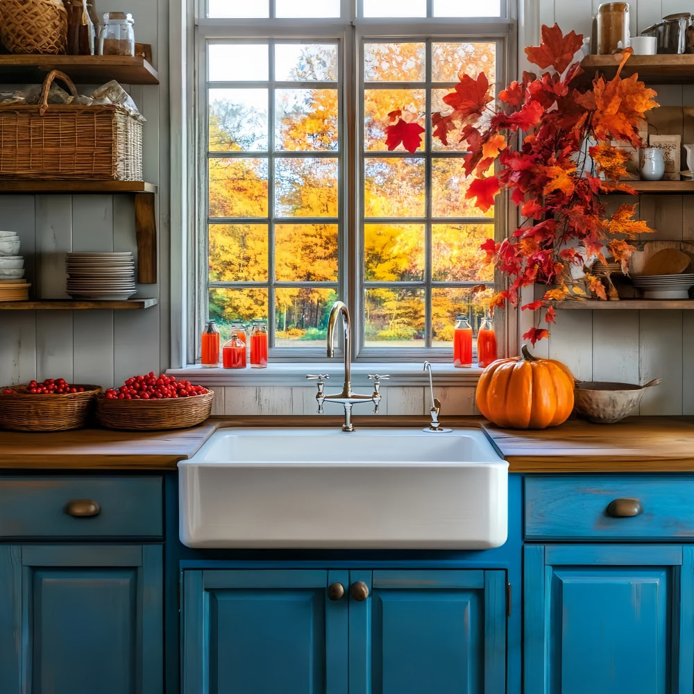 Kitchen Backdrop Rustic Kitchen Autumn Leaves Fall Photo Backdrop LXX59-290