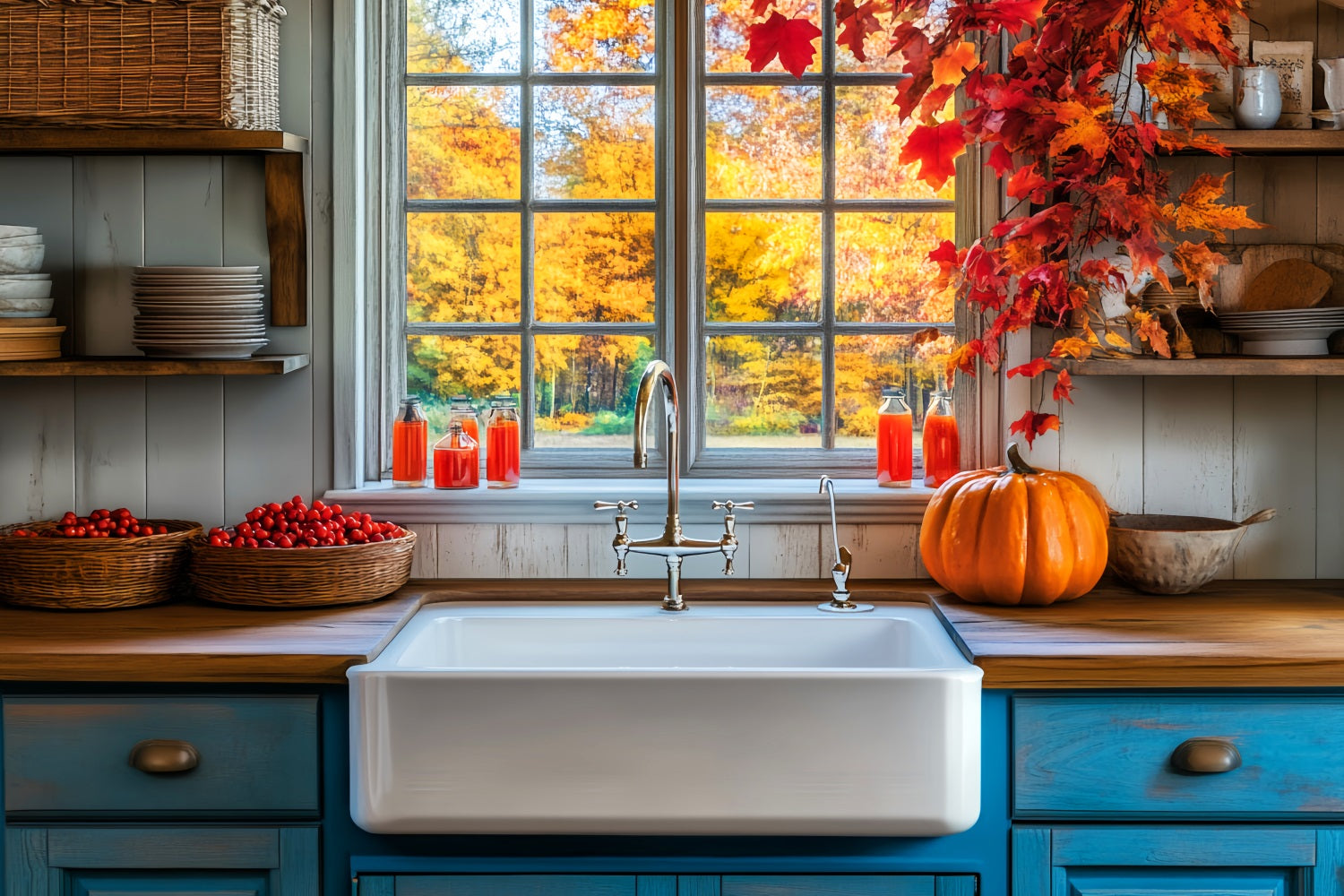 Kitchen Backdrop Rustic Kitchen Autumn Leaves Fall Photo Backdrop LXX59-290