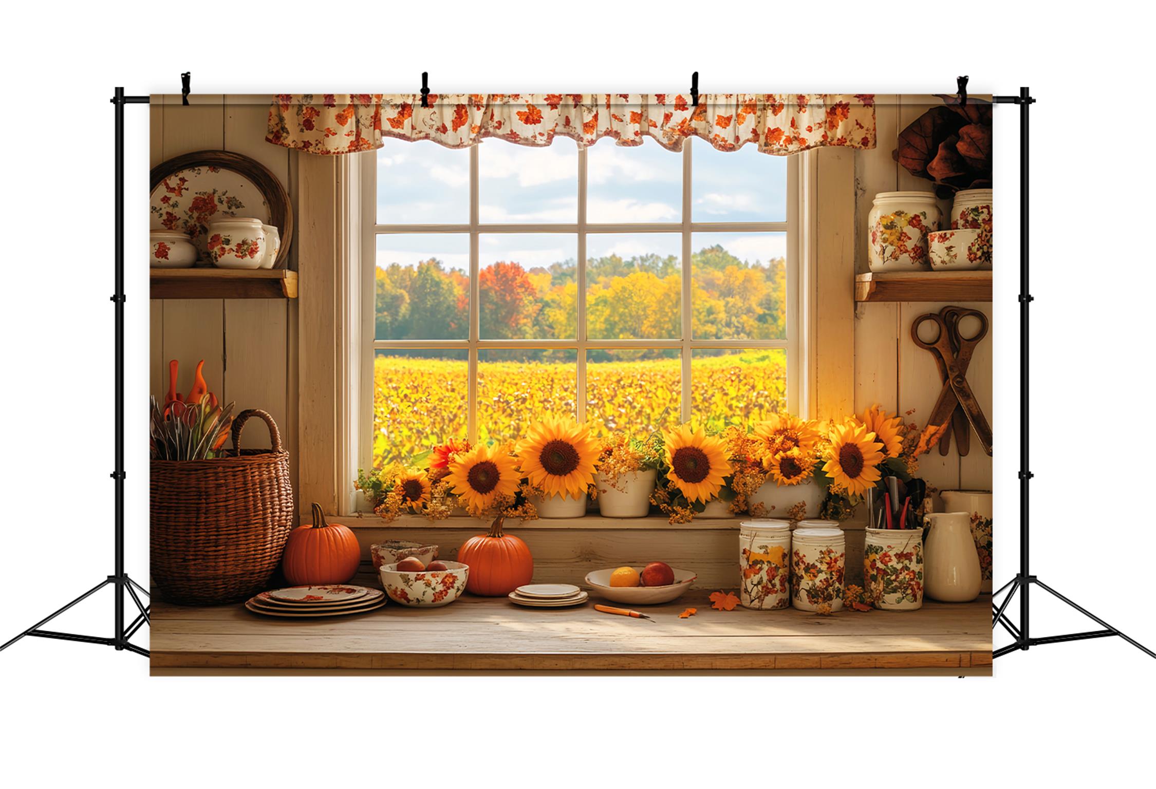 Kitchen Backdrop Cozy Autumn Kitchen Sunflowers Fall Backdrops LXX59-291