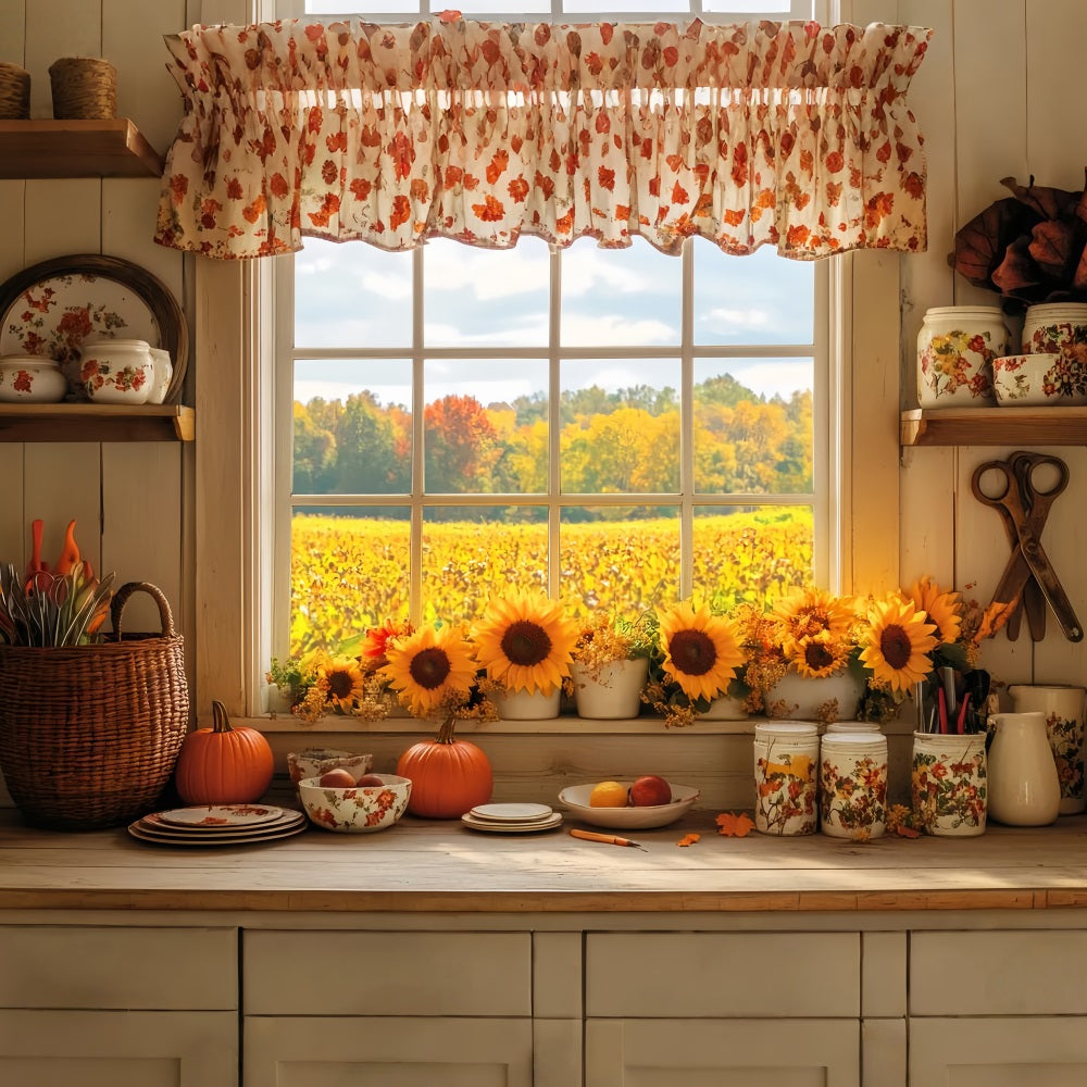 Kitchen Backdrop Cozy Autumn Kitchen Sunflowers Fall Backdrops LXX59-291