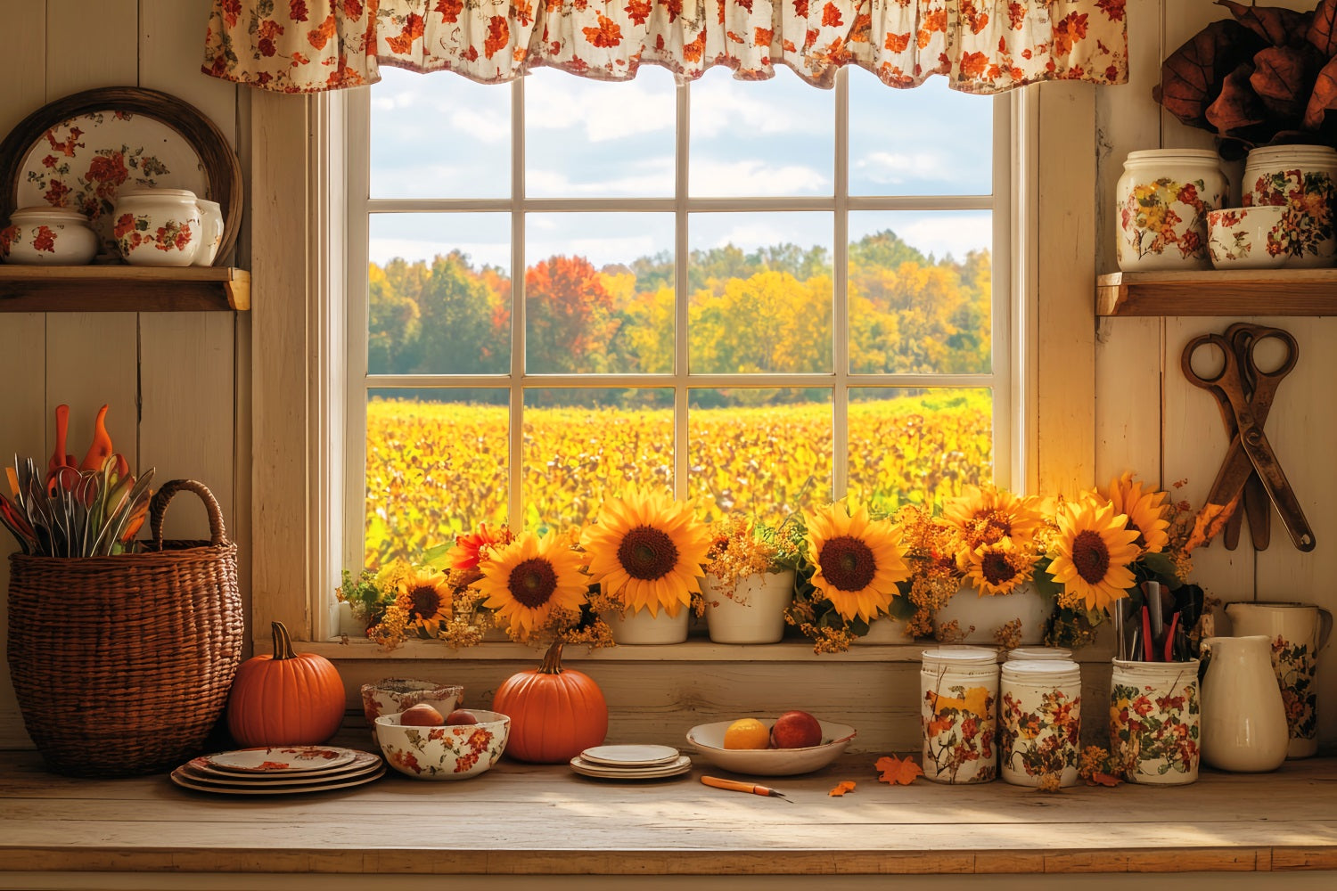 Kitchen Backdrop Cozy Autumn Kitchen Sunflowers Fall Backdrops LXX59-291