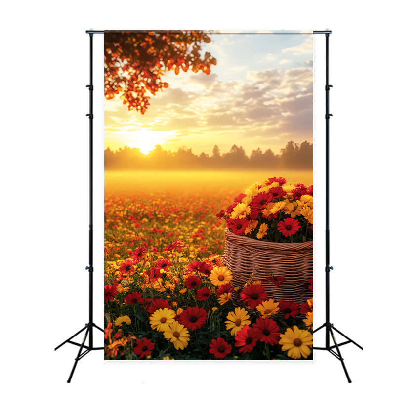 Fall Outdoor Backdrop Sunset Over Autumn Flower Field Fall Backdrops LXX59-292