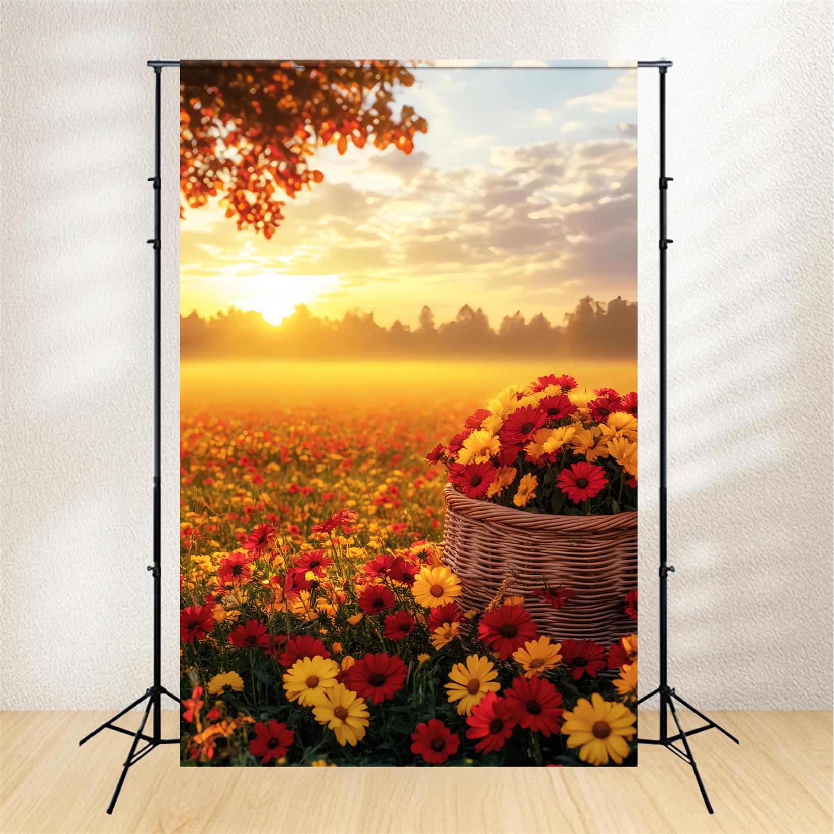 Fall Outdoor Backdrop Sunset Over Autumn Flower Field Fall Backdrops LXX59-292