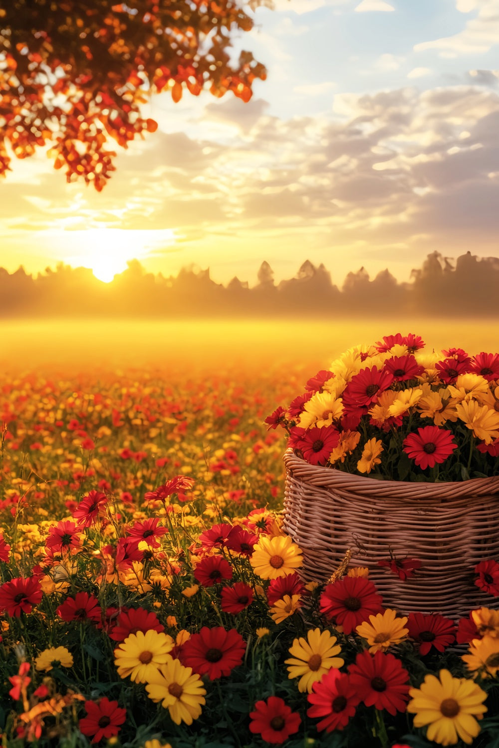 Fall Outdoor Backdrop Sunset Over Autumn Flower Field Fall Backdrops LXX59-292