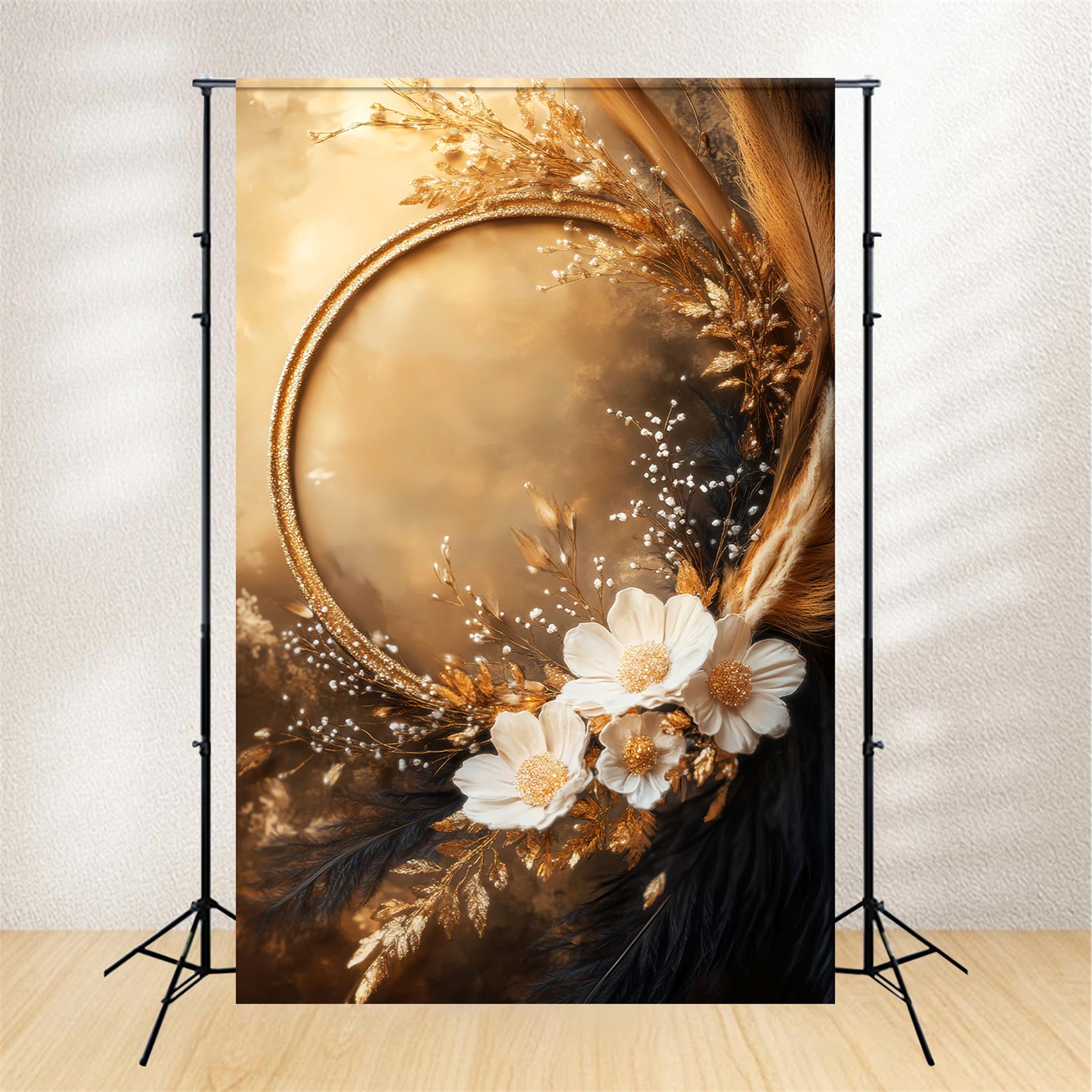 Boho Backdrop Elegant Golden Floral Frame Autumn Fall Backdrop LXX59-295