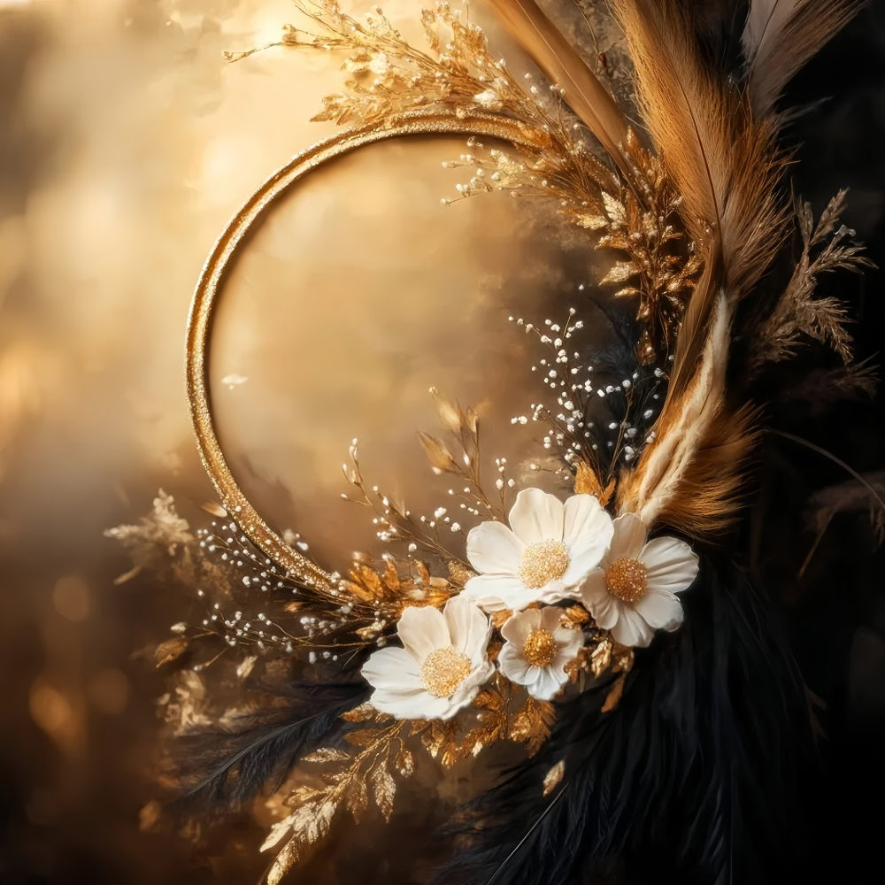 Boho Backdrop Elegant Golden Floral Frame Autumn Fall Backdrop LXX59-295