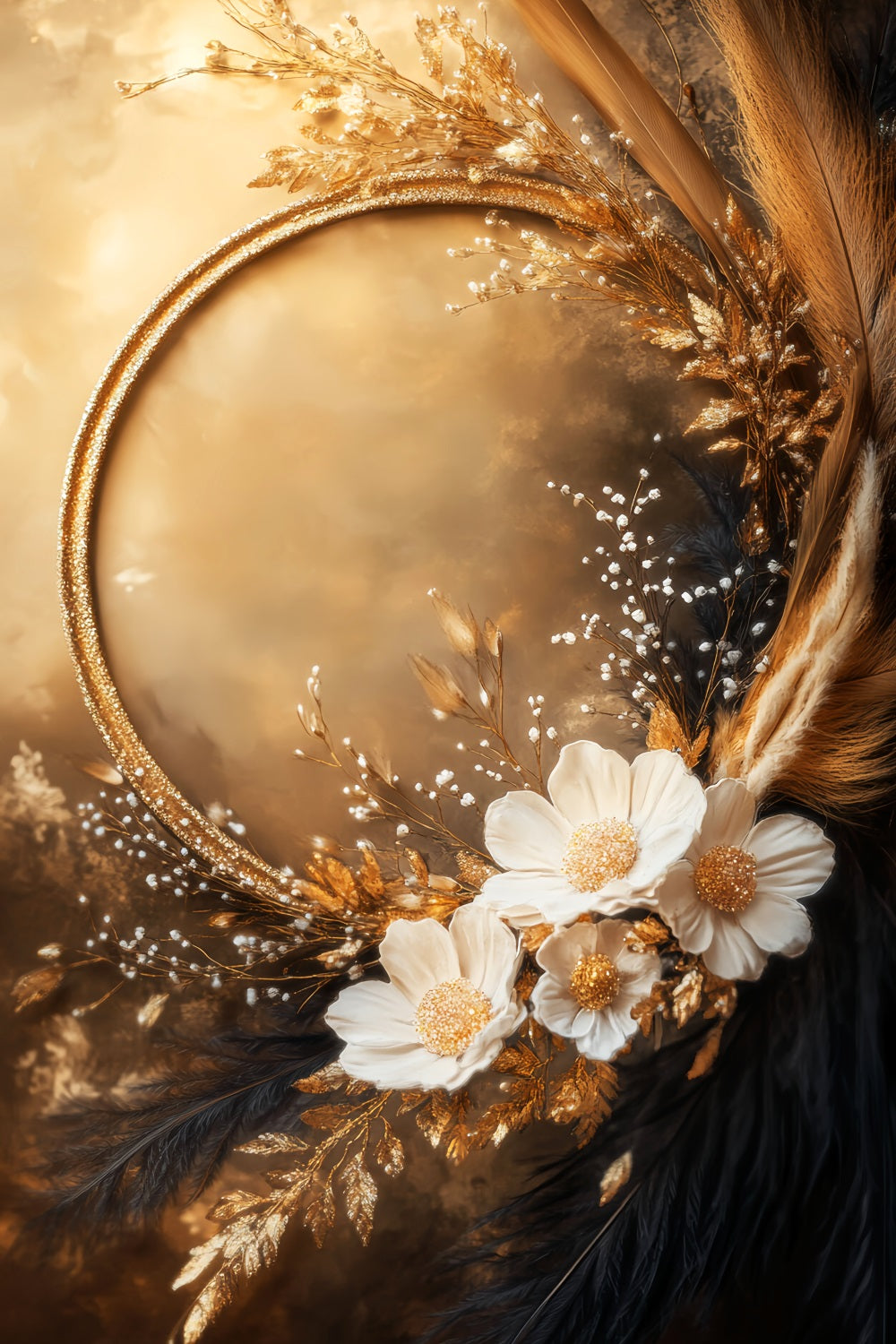 Boho Backdrop Elegant Golden Floral Frame Autumn Fall Backdrop LXX59-295