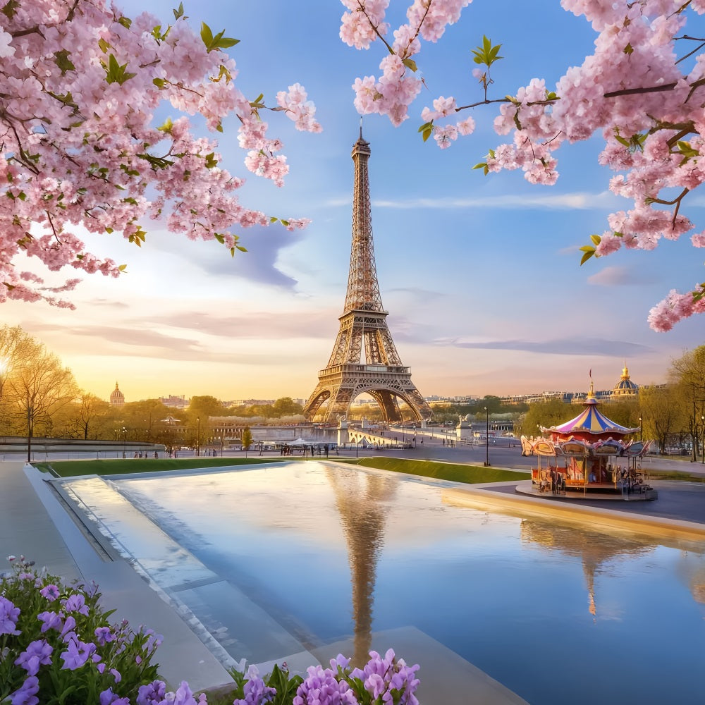 French Town Eiffel Tower Blossom Carousel Paris Backdrop LXX59-33