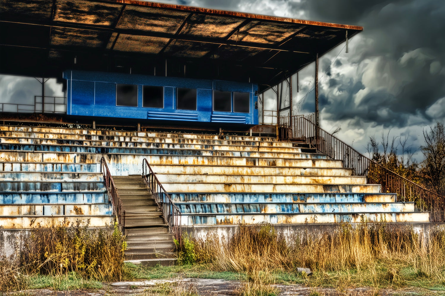 Sports Backdrop Rusty Bleachers Stormy Sky Sports Backdrops for Photography LXX59-336