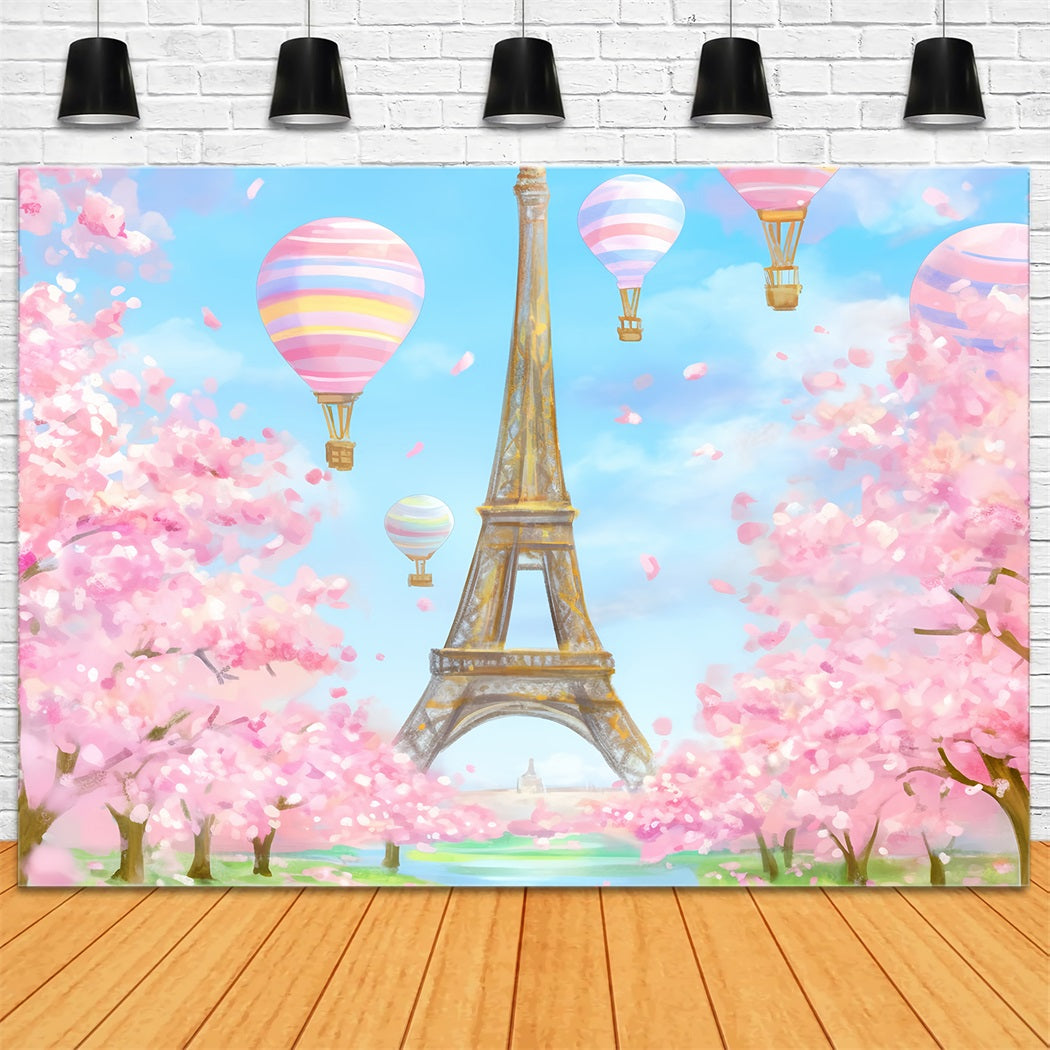 Paris Backdrops Eiffel Tower Balloons Blossom Paris Backdrop Ideas LXX59-34