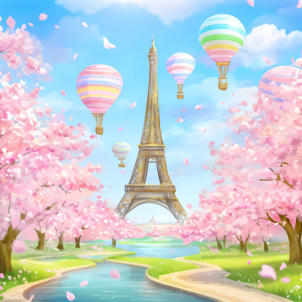 Paris Backdrops Eiffel Tower Balloons Blossom Paris Backdrop Ideas LXX59-34