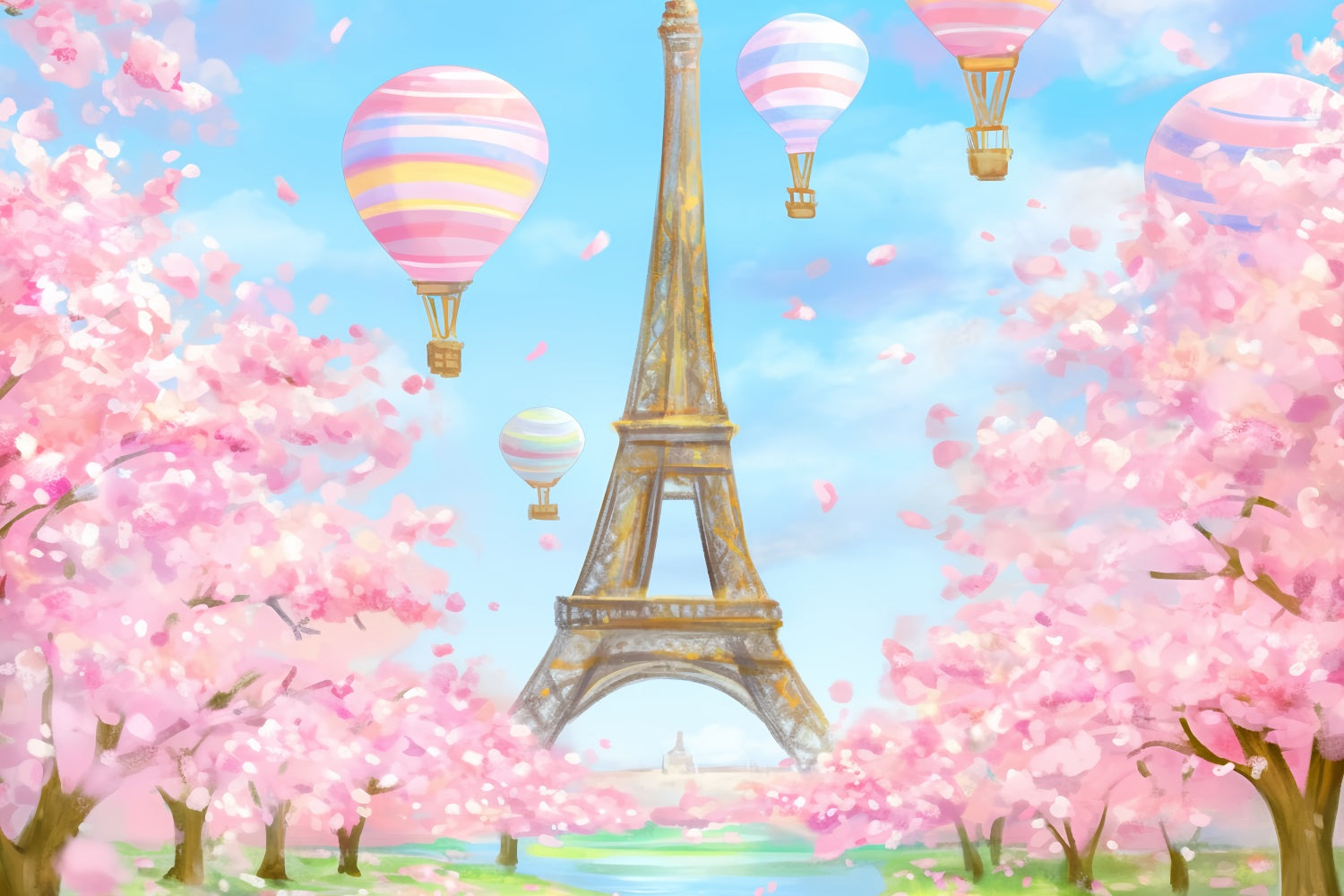Paris Backdrops Eiffel Tower Balloons Blossom Paris Backdrop Ideas LXX59-34