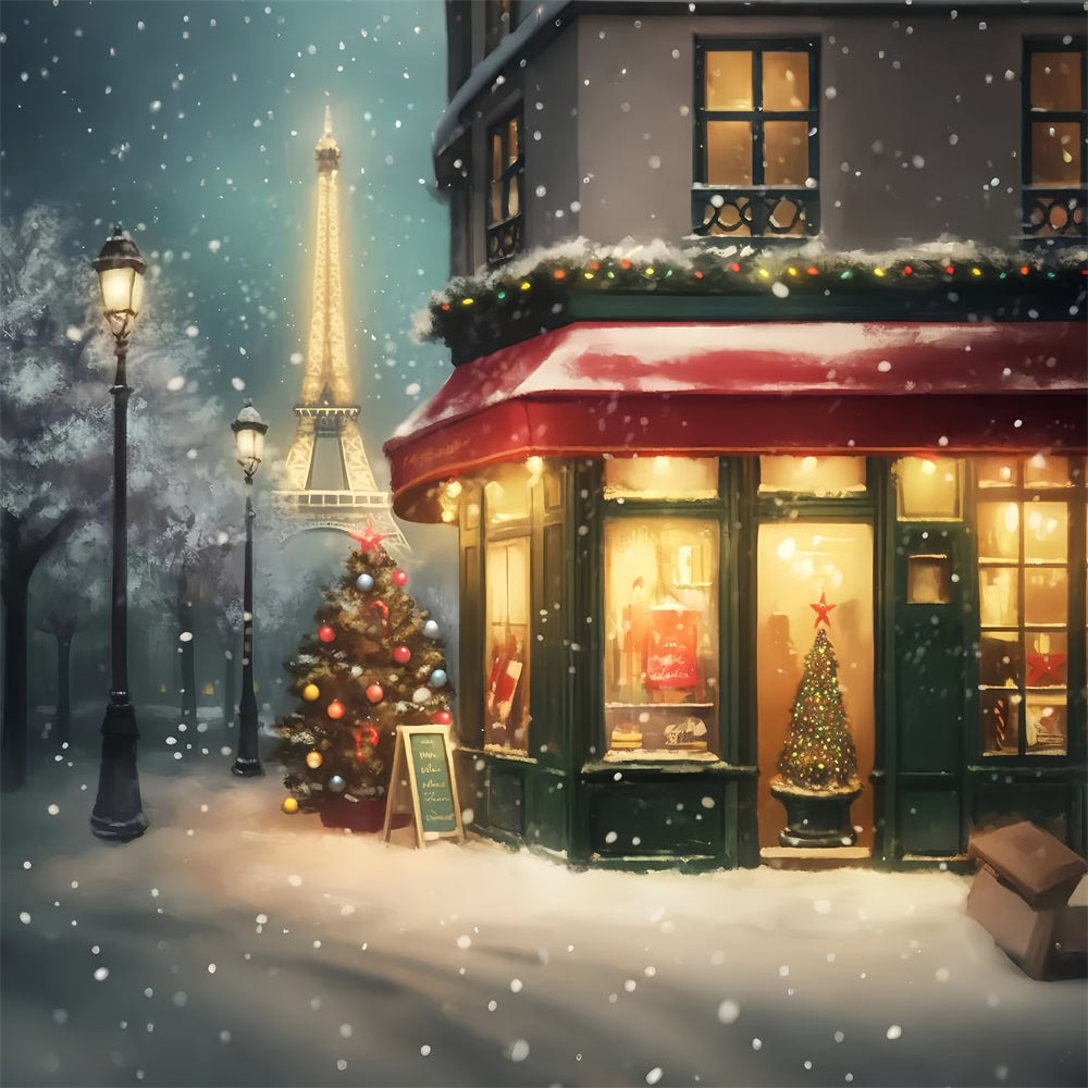 Paris Street Backdrops Snowy Christmas Night Eiffel Tower Paris Backdrop LXX59-38