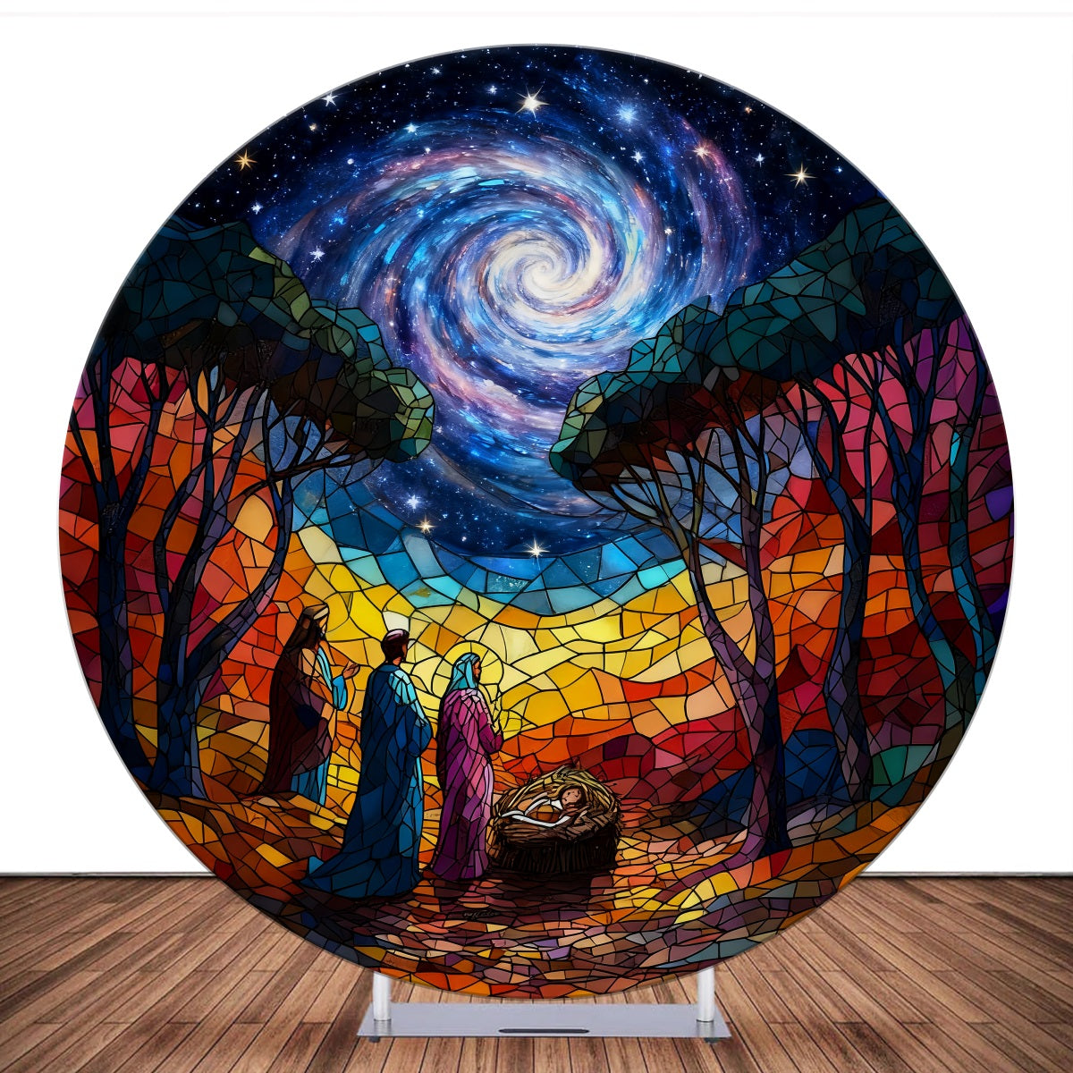 Round Backdrop Cover Nativity Stars Stained Glass Christmas Backdrop LXX59-388