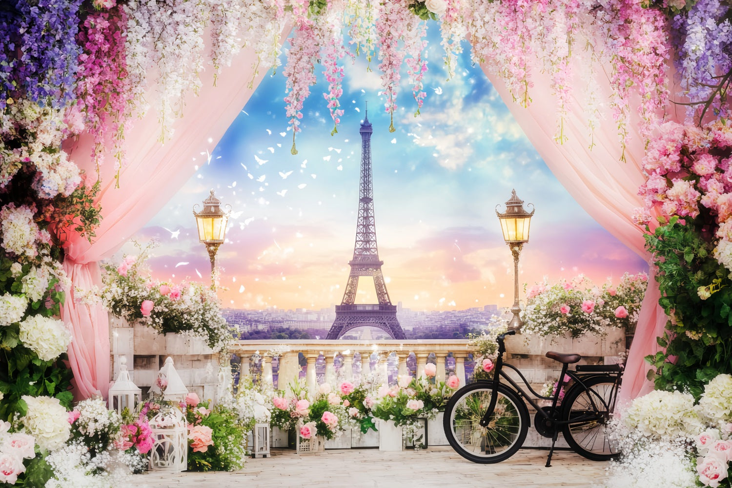 Paris Street Backdrops Eiffel Tower Floral Terrace Europe Backdrop LXX59-39