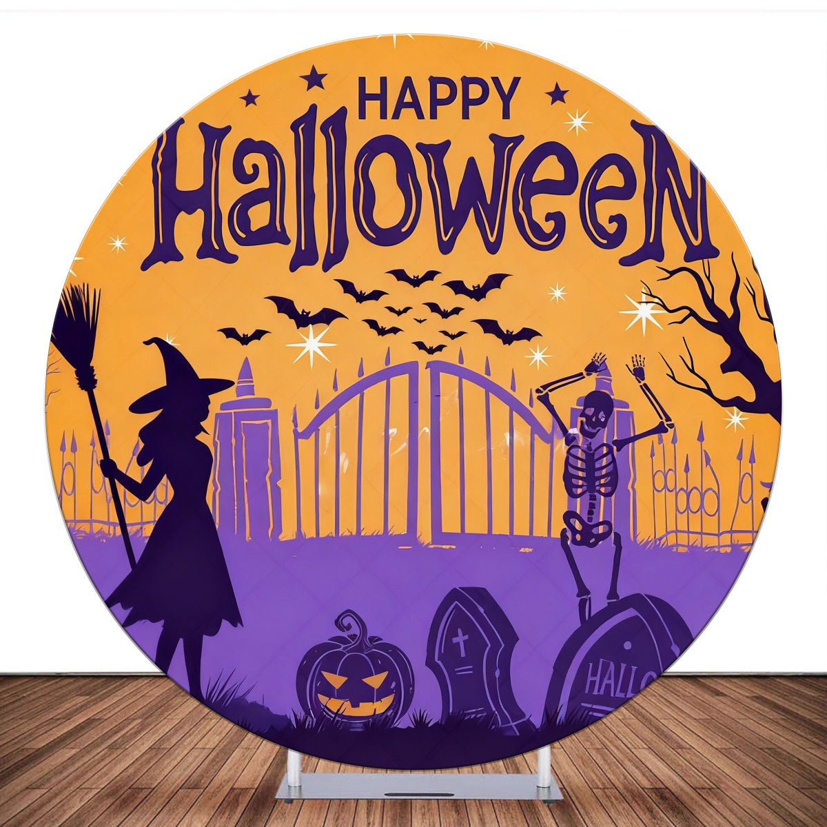 Custom Circle Backdrop Cemetery Gate Witch Happy Halloween Backdrop LXX59-392