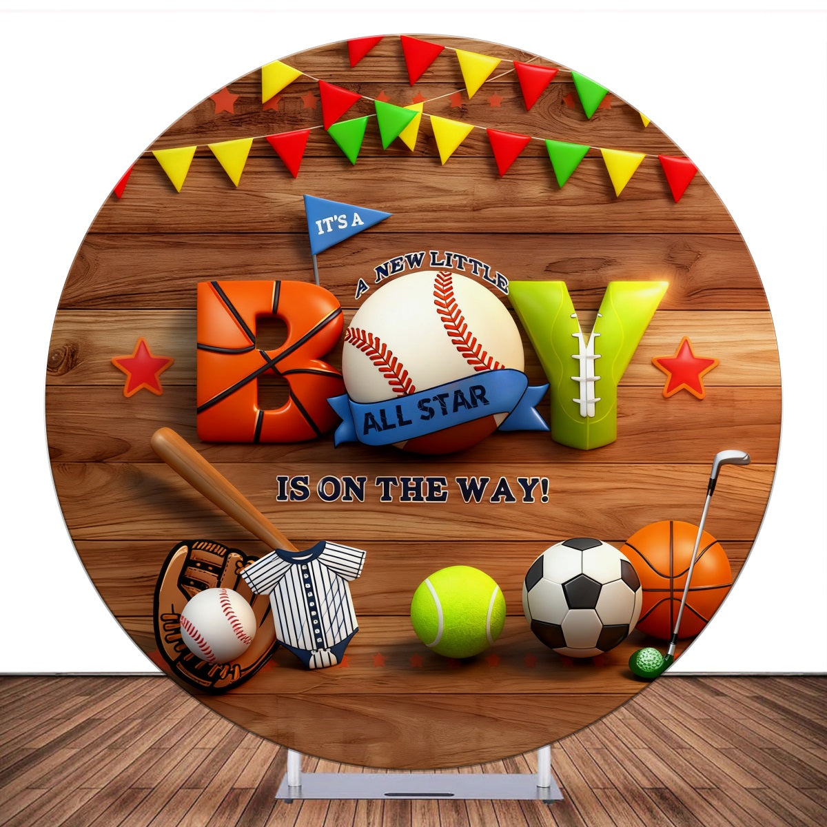 Round Backdrop Cover It's A Boy Sports Wood Baby Shower Backdrop LXX59-395