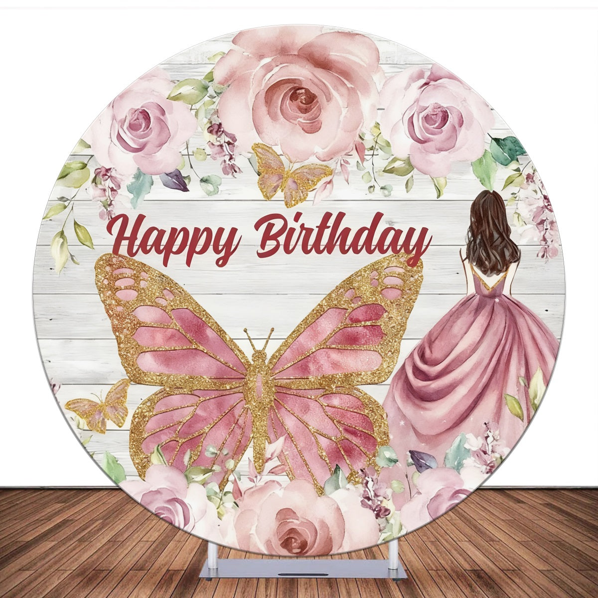 Round Backdrop Pink Flower Butterfly Wooden Happy Birthday Backdrop LXX59-396