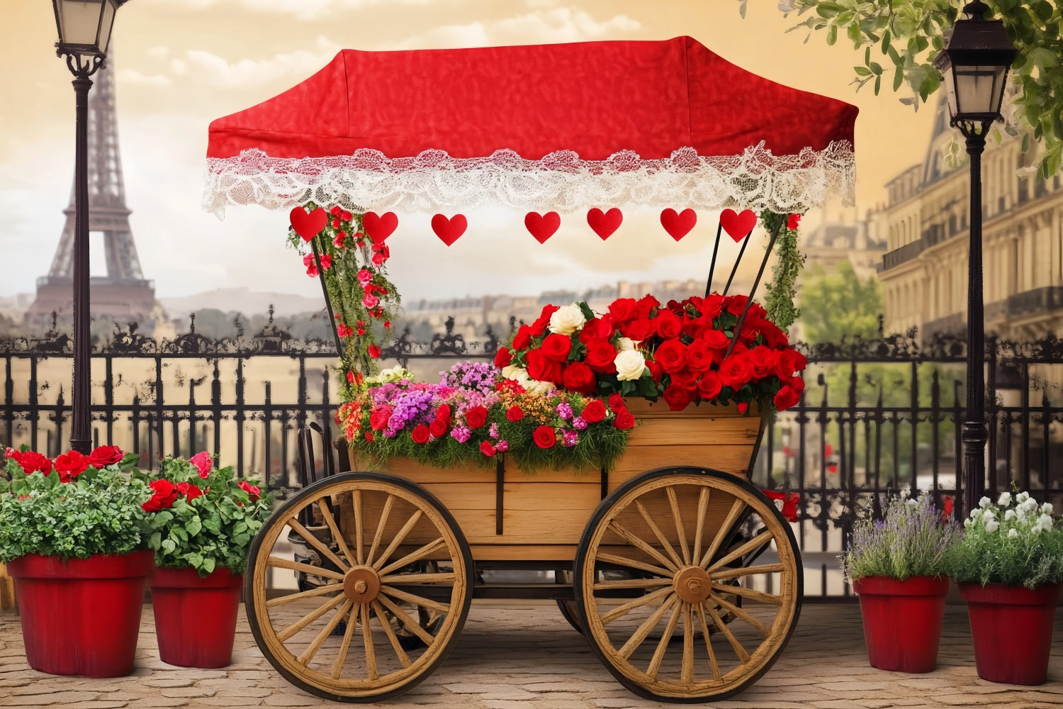 Paris Street Backdrops Romantic Flower Cart Paris Backdrop for Pictures LXX59-42