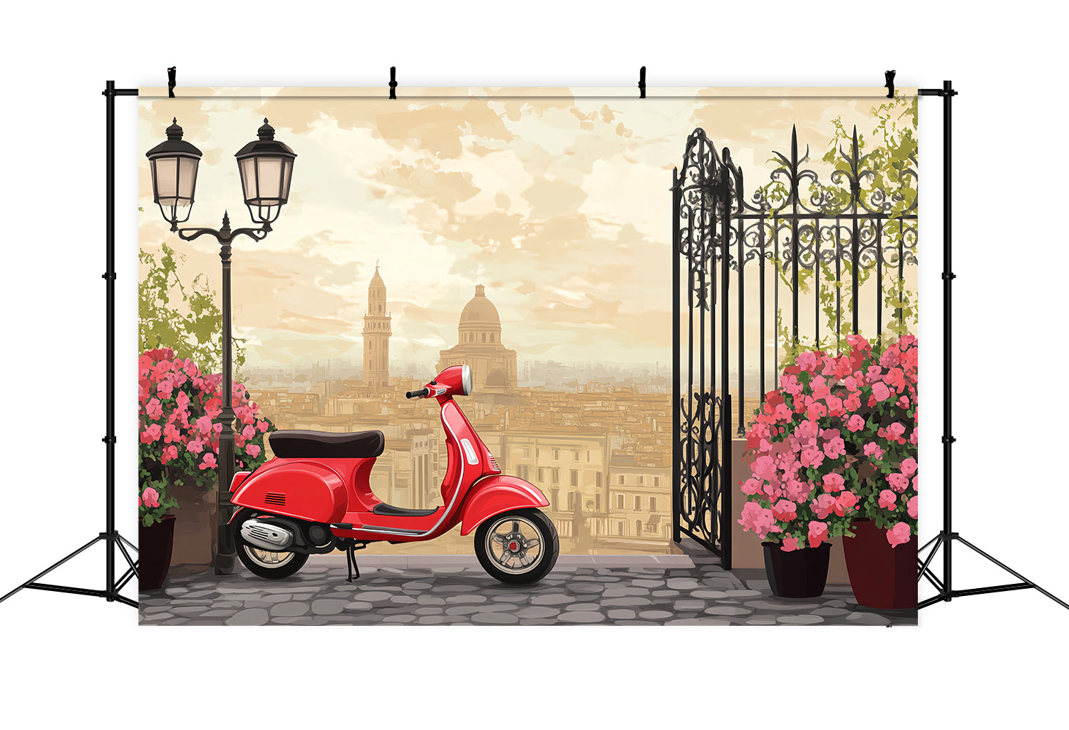 Paris Street Backdrops Vintage Red Scooter City Terrace European Backdrop LXX59-43