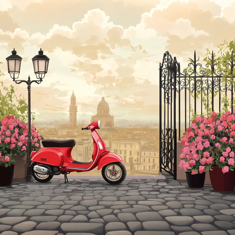Paris Street Backdrops Vintage Red Scooter City Terrace European Backdrop LXX59-43
