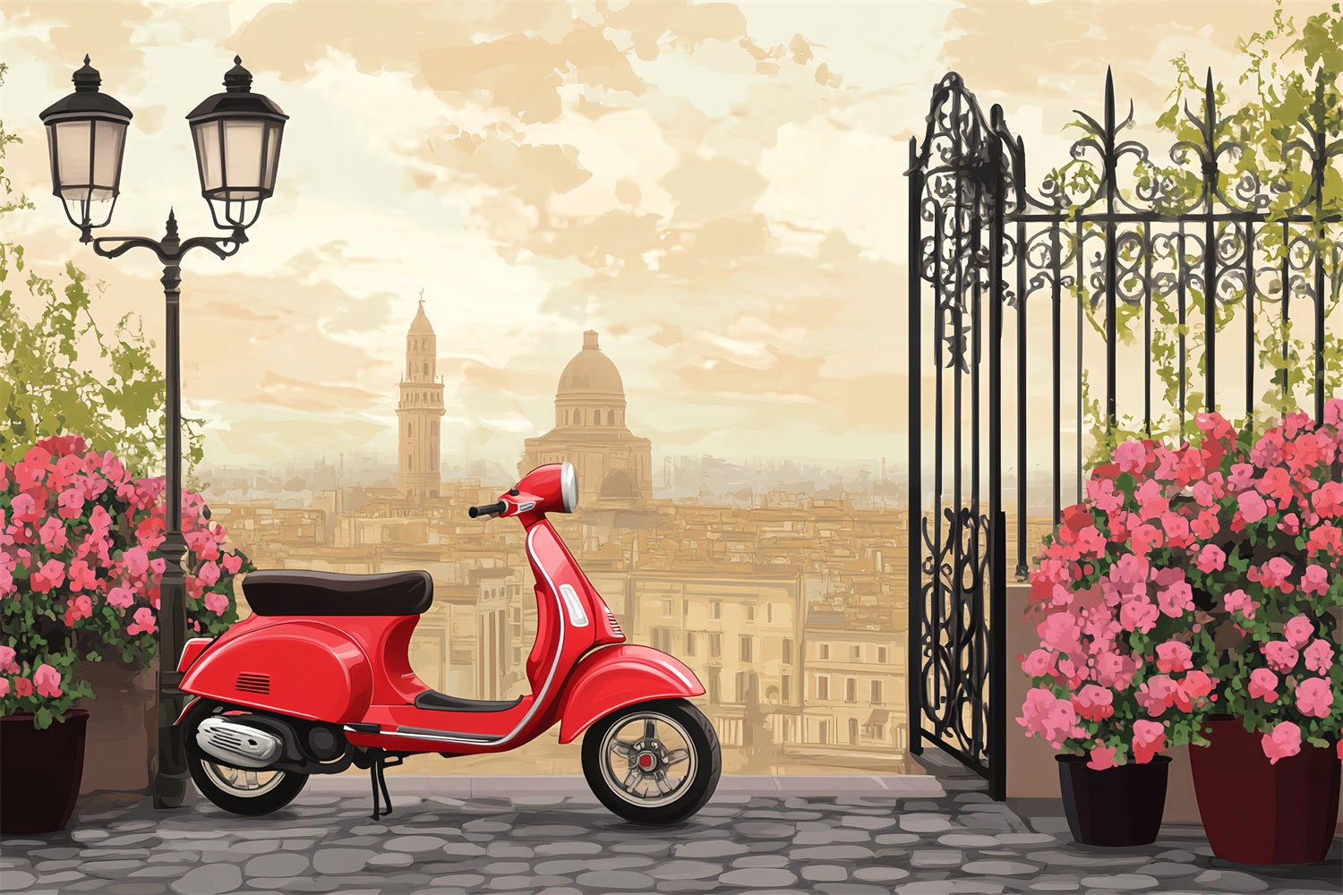 Paris Street Backdrops Vintage Red Scooter City Terrace European Backdrop LXX59-43