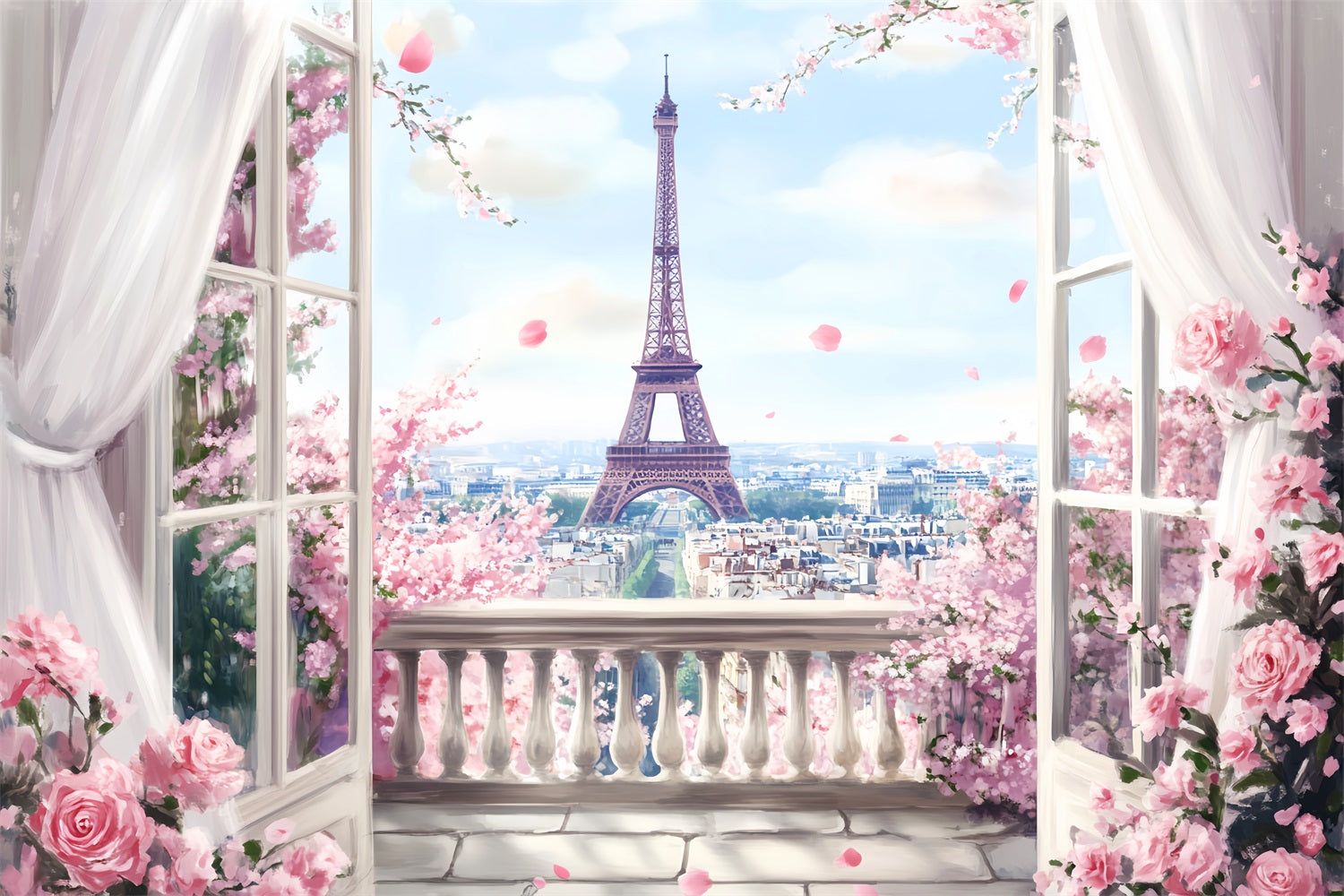 Paris Backdrops Spring Balcony Eiffel View Eiffel Tower Paris Backdrop LXX59-46