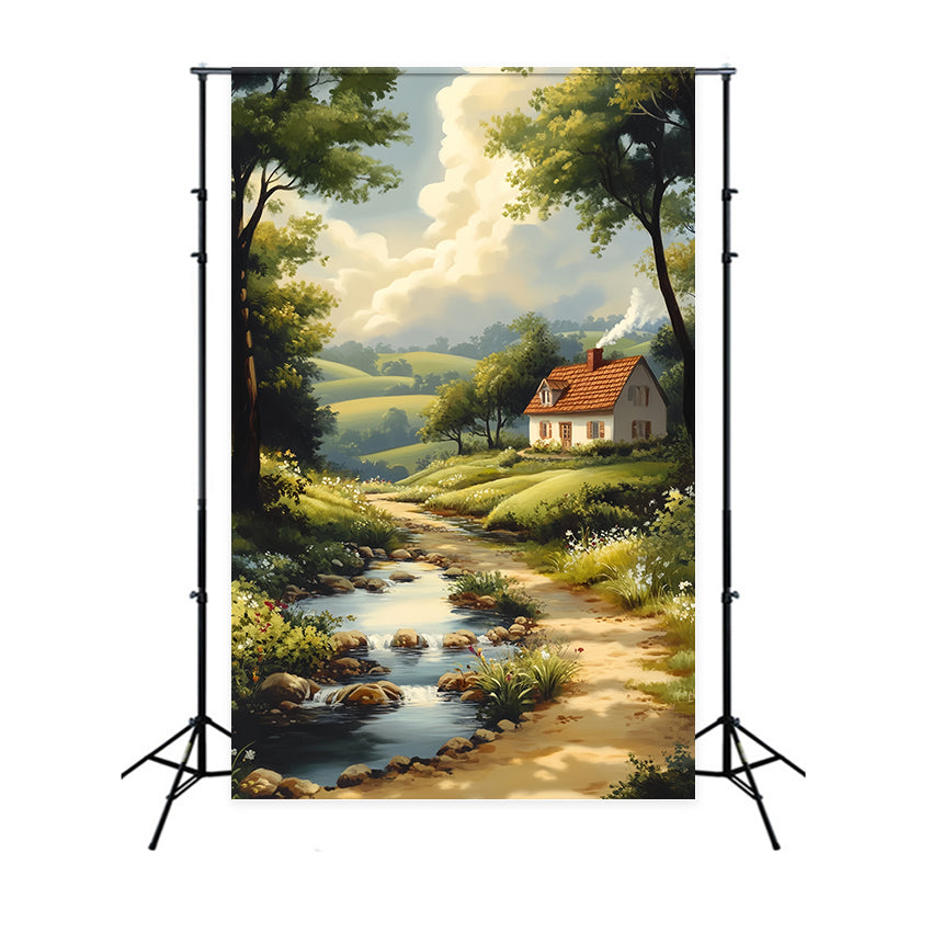 Europe Backdrop Countryside Cottage River Path Paris Backdrops LXX59-49