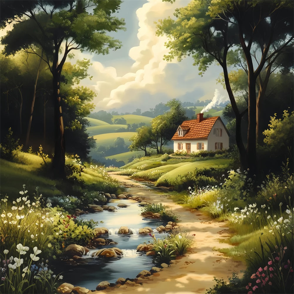 Europe Backdrop Countryside Cottage River Path Paris Backdrops LXX59-49