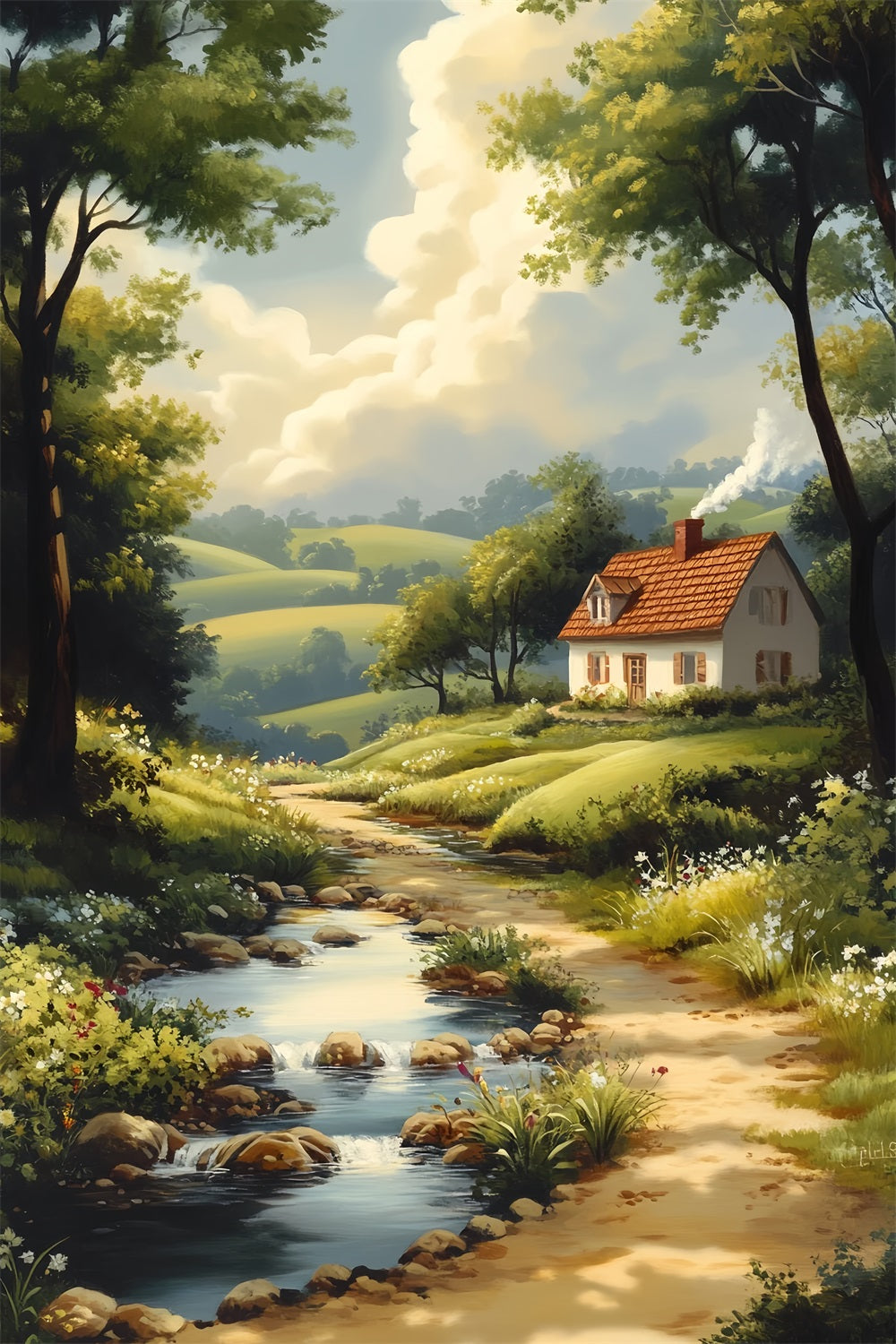 Europe Backdrop Countryside Cottage River Path Paris Backdrops LXX59-49