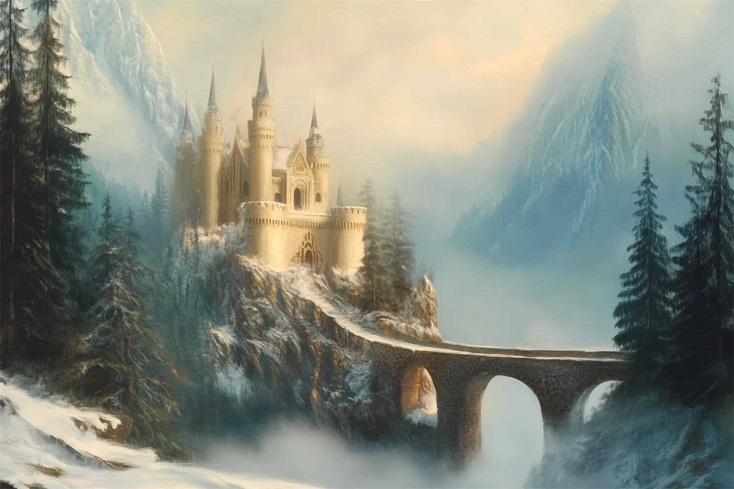 Europe Backdrop Misty Castle Mountain Bridge European Backdrop LXX59-52