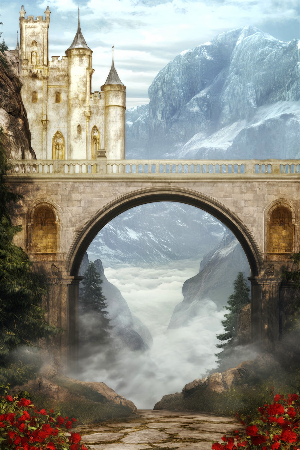 Europe Backdrop Castle Bridge Misty Valley Paris Backdrop LXX59-55