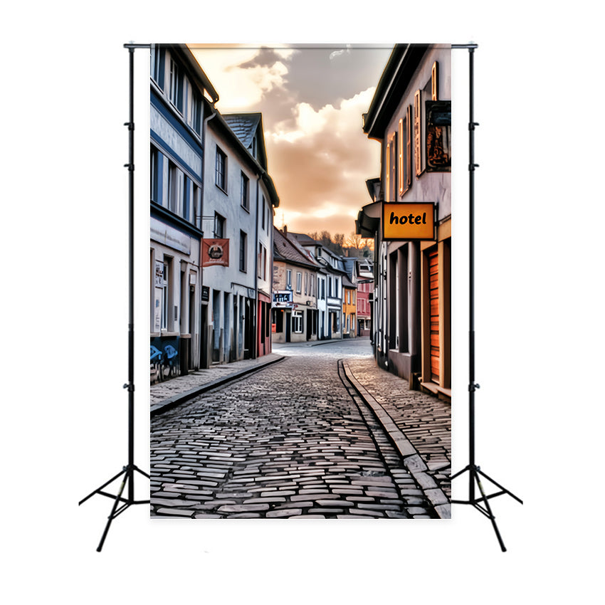 Europe Backdrop Cobblestone Street Sunset Glow European Backdrop LXX59-56