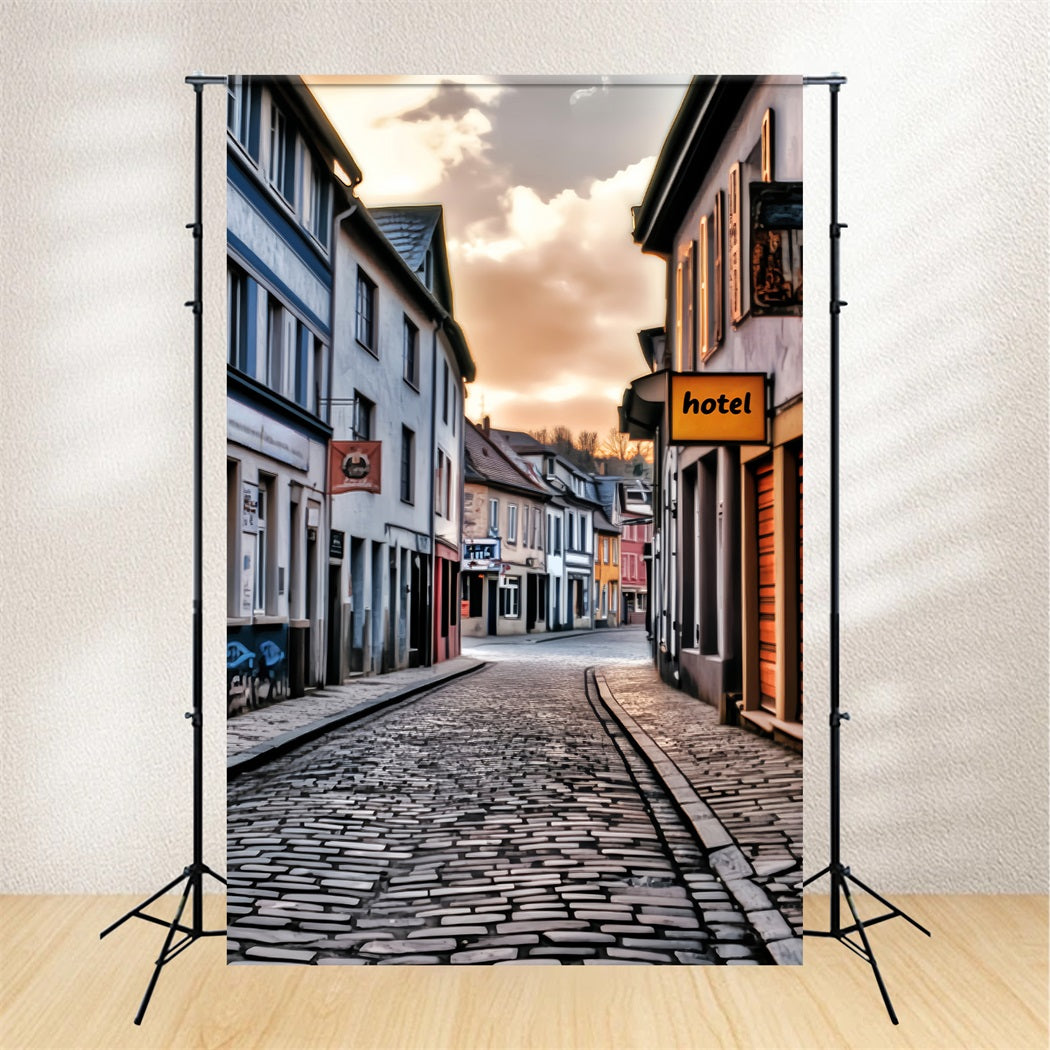Europe Backdrop Cobblestone Street Sunset Glow European Backdrop LXX59-56