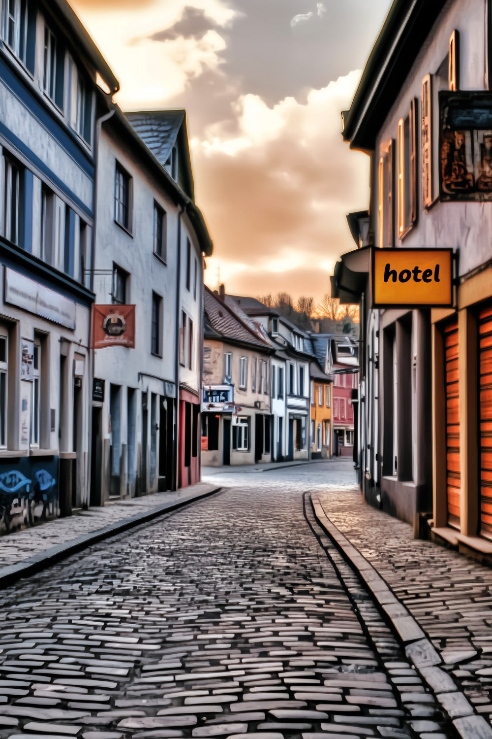 Europe Backdrop Cobblestone Street Sunset Glow European Backdrop LXX59-56
