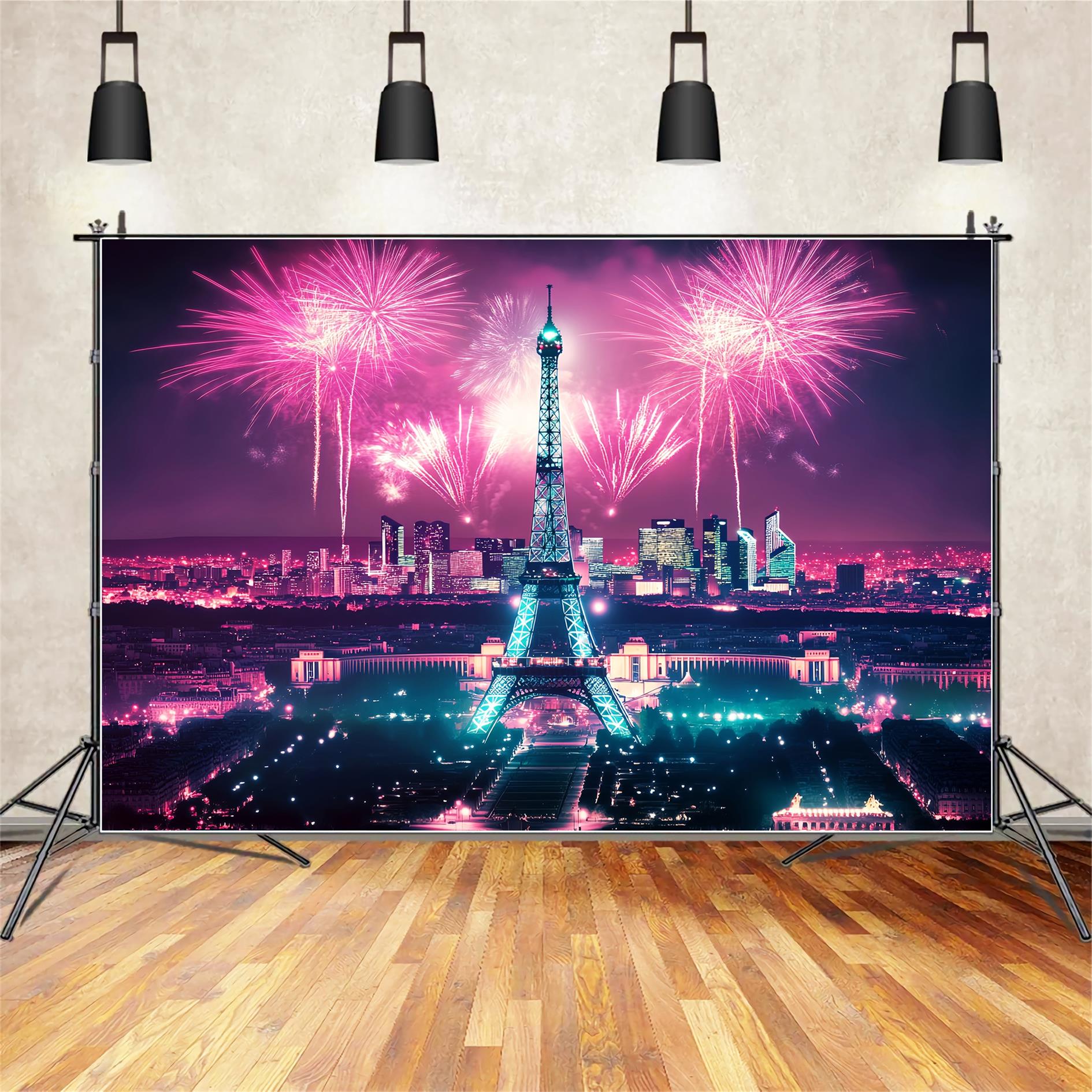Night in Paris Backdrop Eiffel Tower Fireworks Paris Backdrop LXX59-58