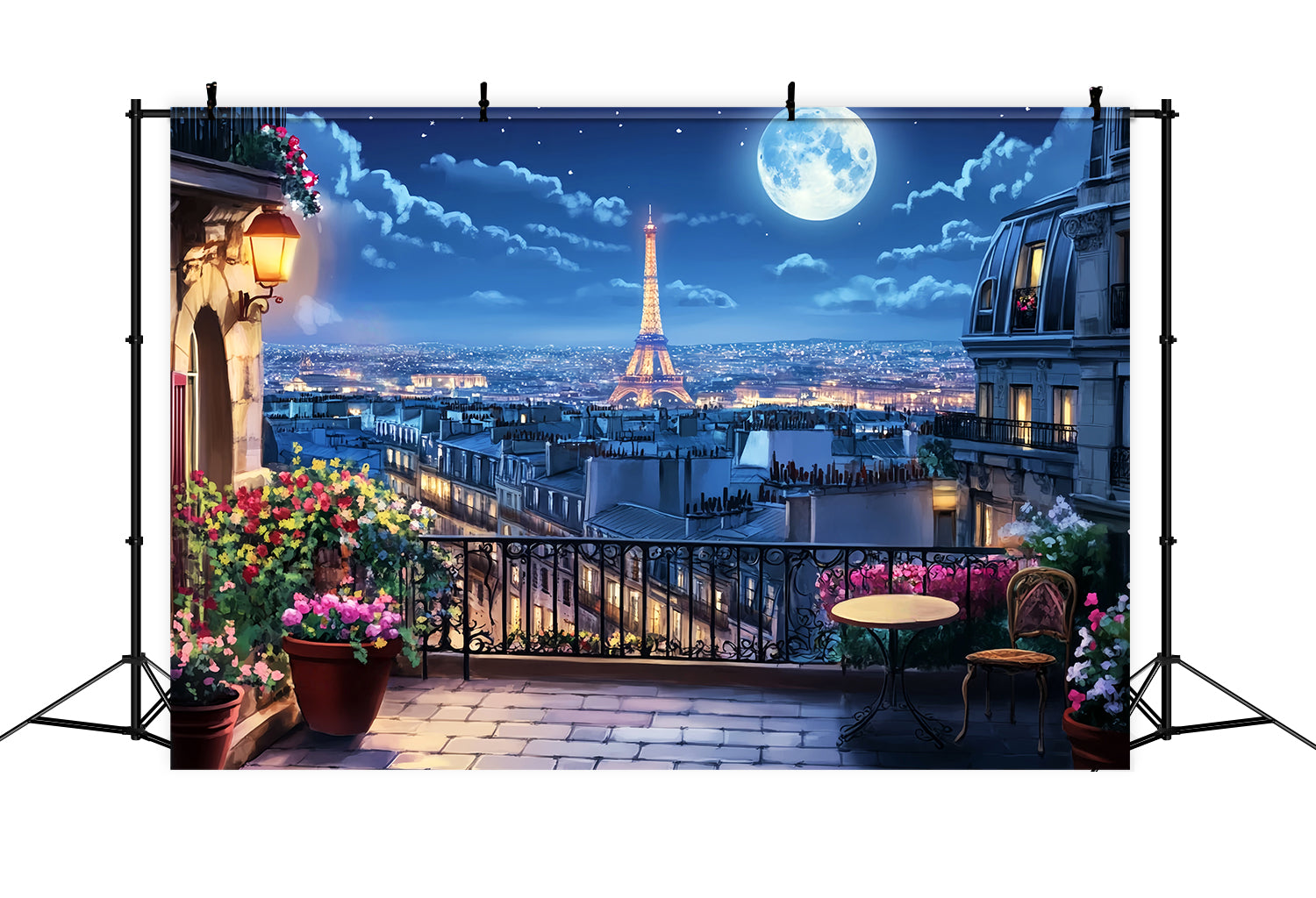 Night in Paris Backdrop Balcony Moonlight Eiffel Tower Paris Backdrop LXX59-59