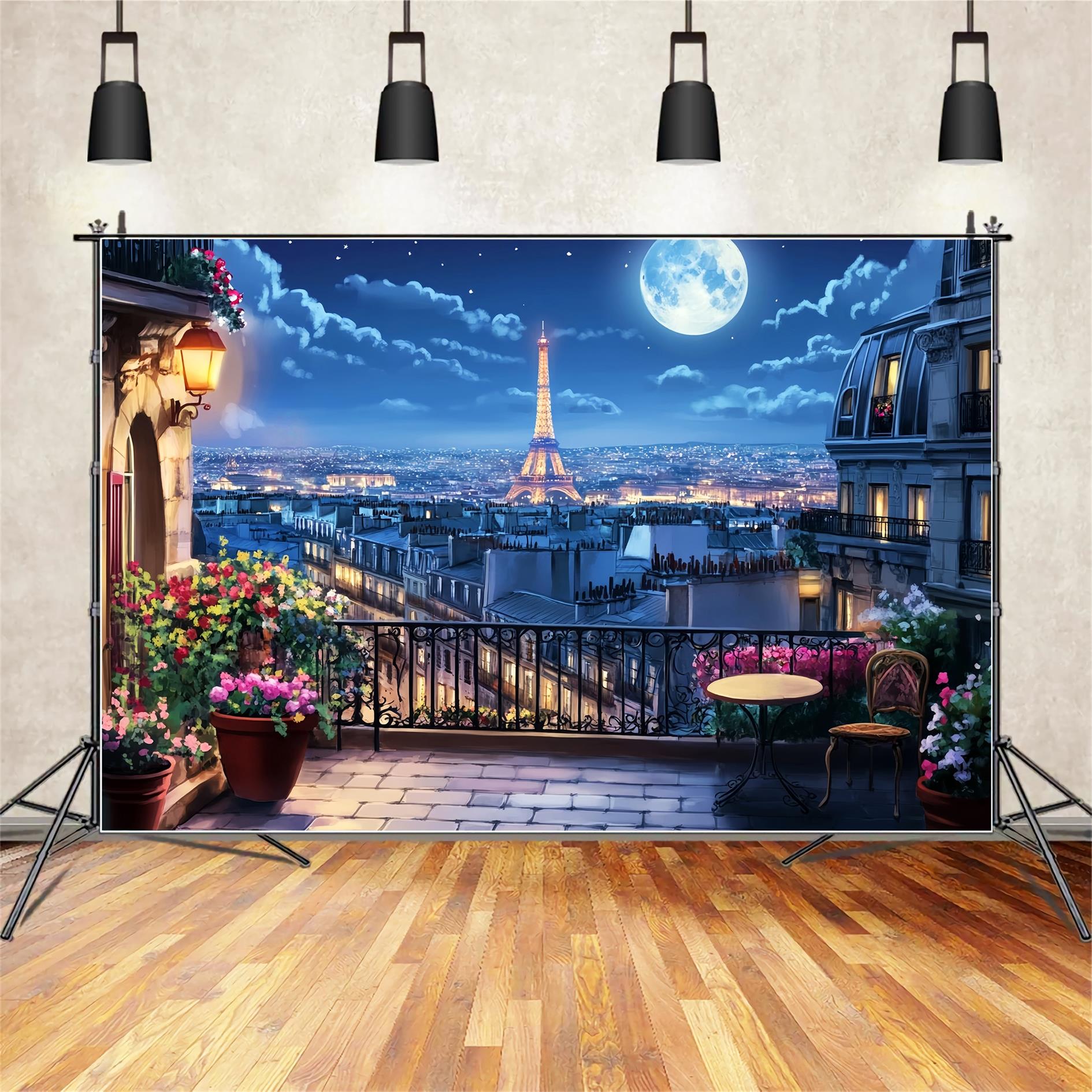Night in Paris Backdrop Balcony Moonlight Eiffel Tower Paris Backdrop LXX59-59