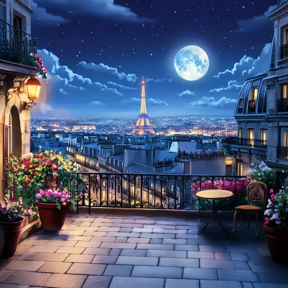 Night in Paris Backdrop Balcony Moonlight Eiffel Tower Paris Backdrop LXX59-59